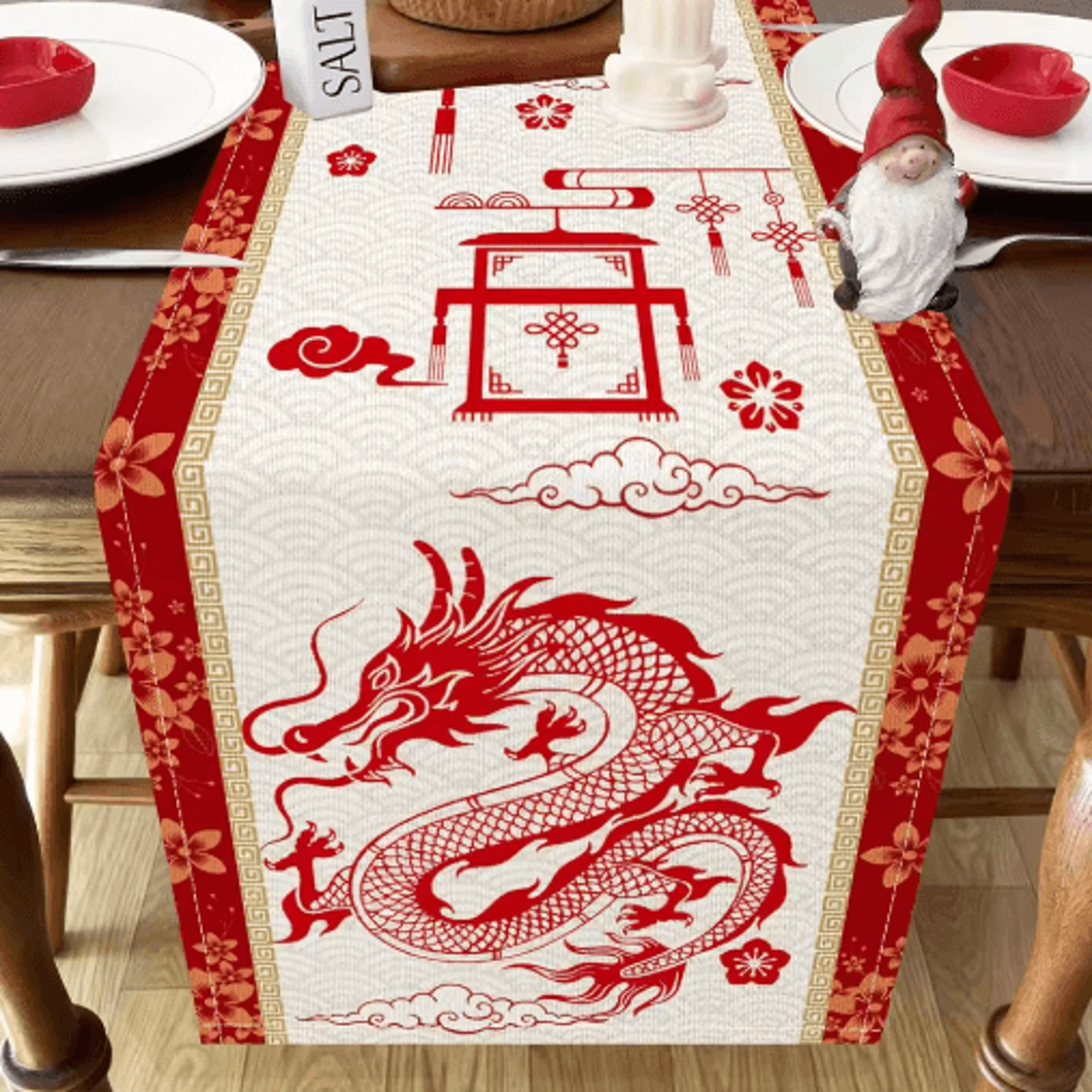 Festive Chinese New Year Table Runner  Year Of The Dragon Linen Dining Decor 3