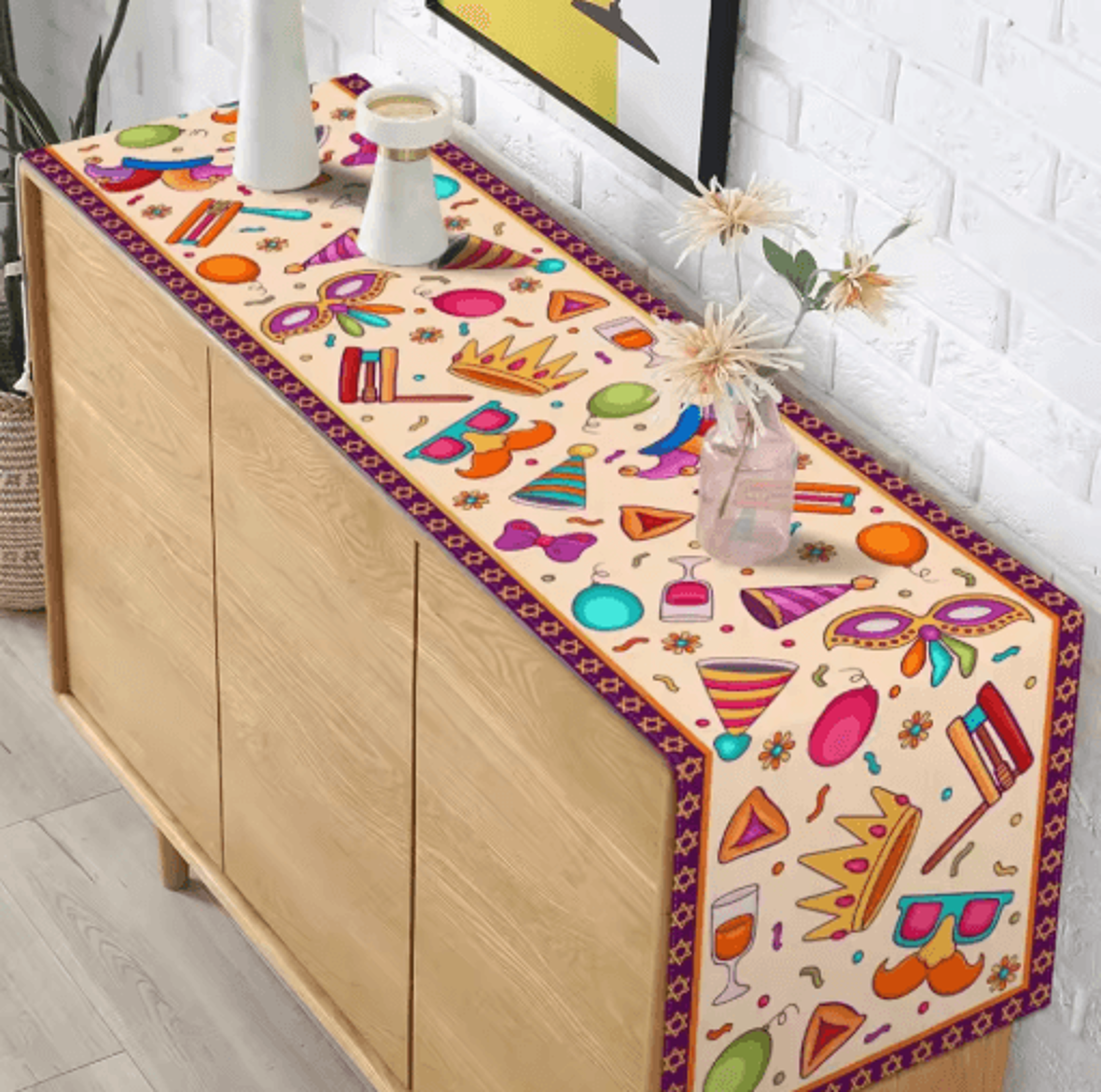 Happy Purim Linen Table Runner Festive Masquerade Jewish Holiday Table Decor 4