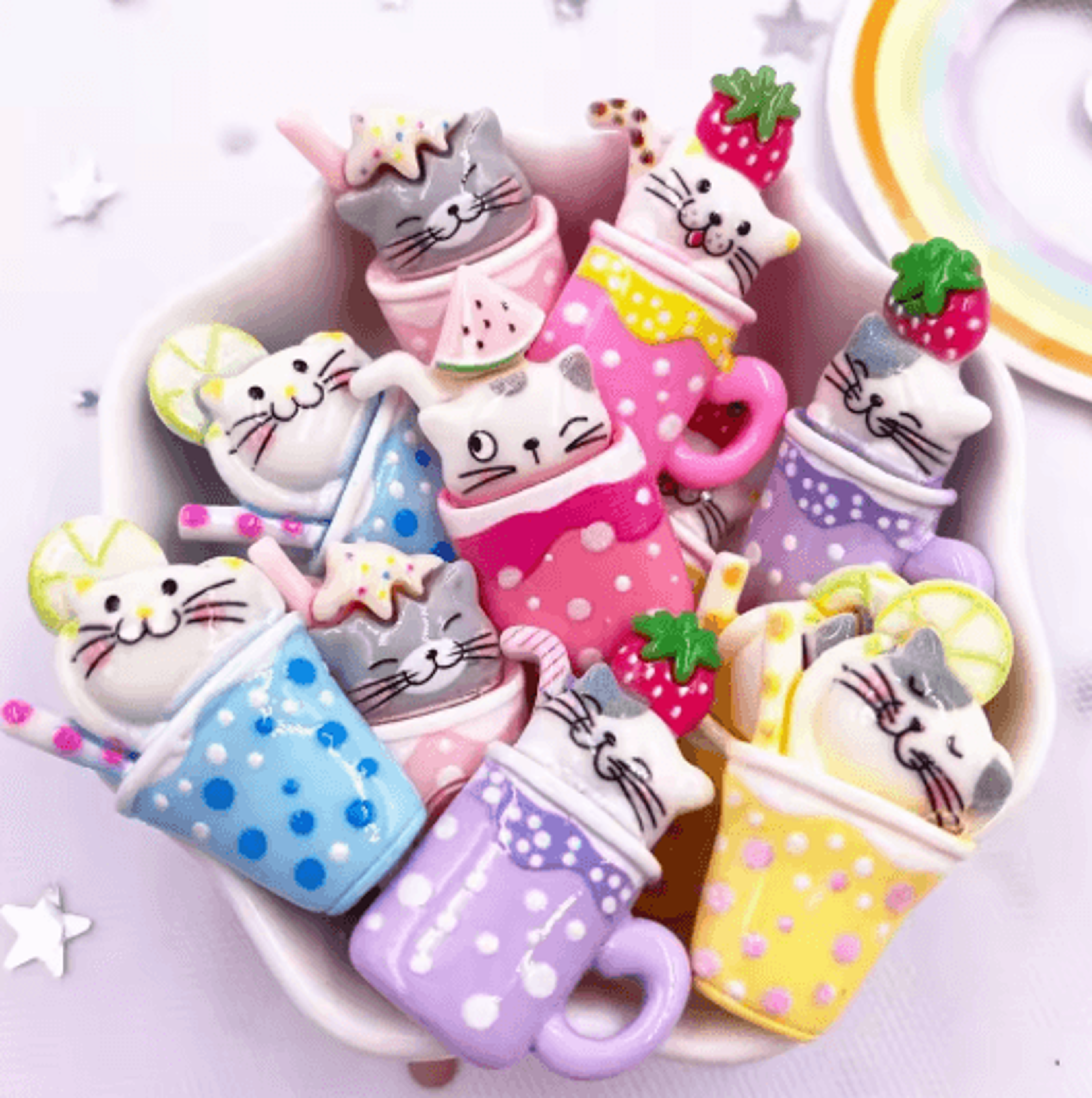 10pcs kawaii cartoon cat flatback charms – colorful resin diy scrapbook accessories