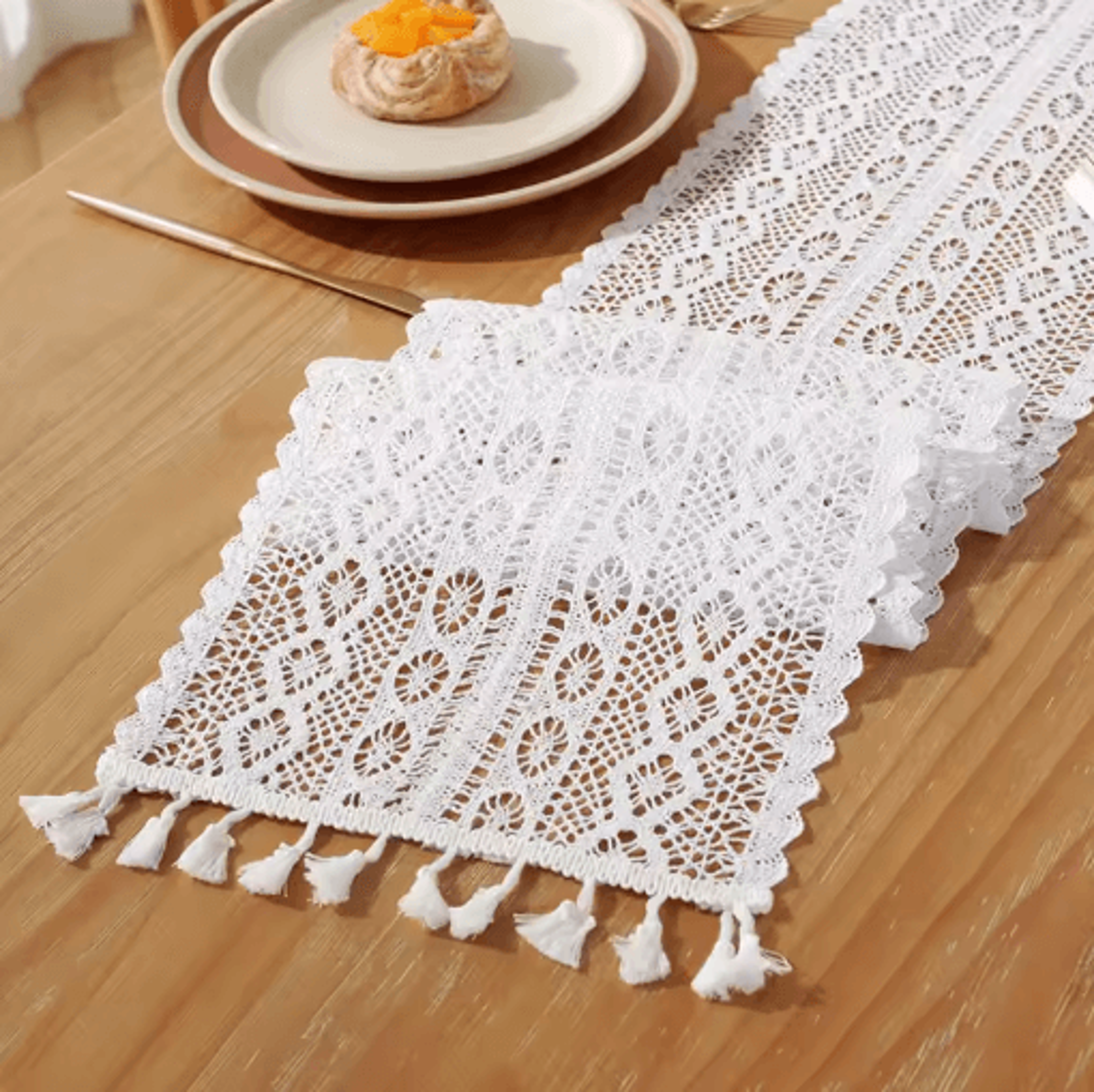Vintage Crochet Lace Table Runner Beige Tassel Cotton Blend For Elegant Table Decor 4