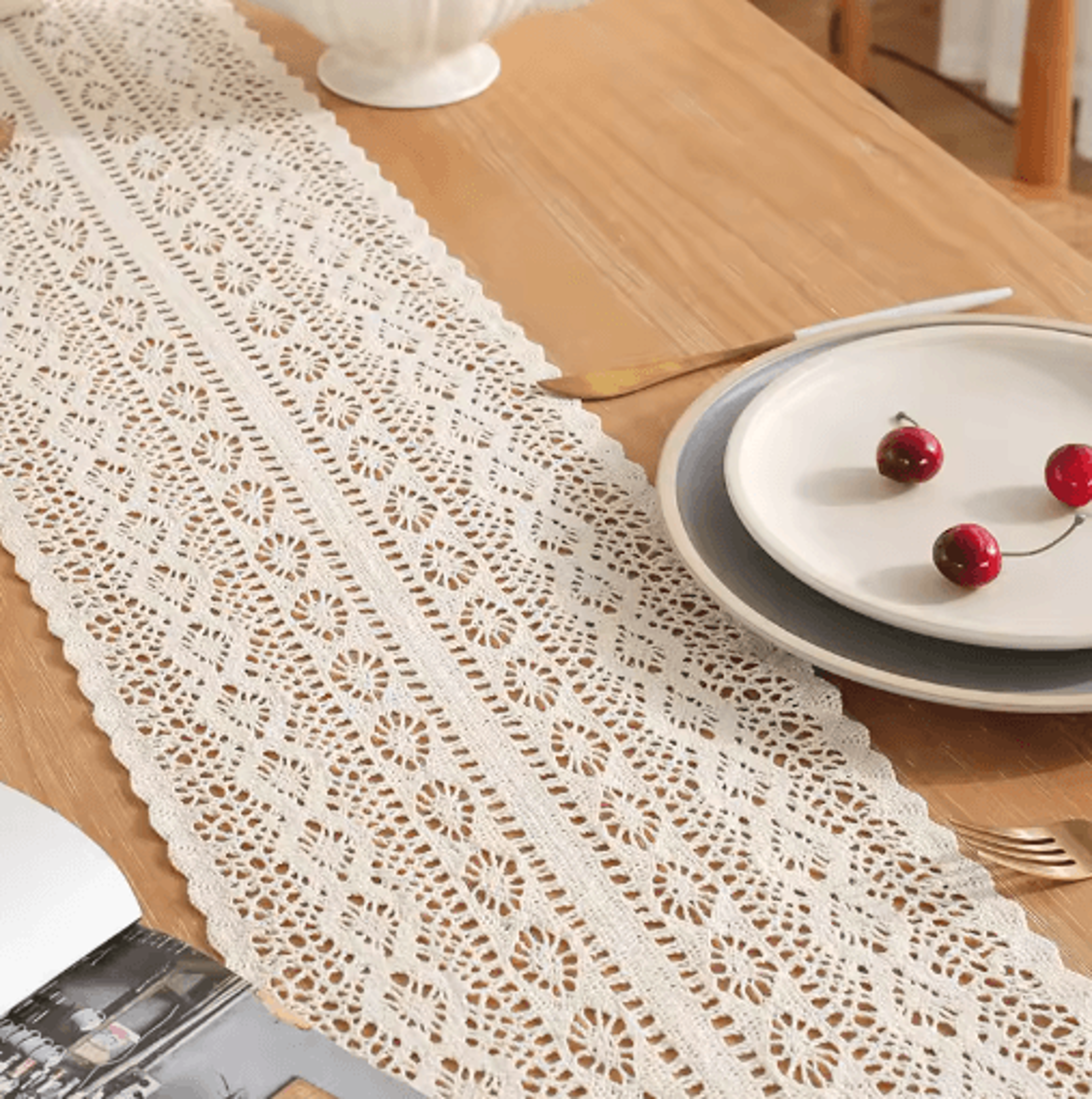 Vintage Crochet Lace Table Runner Beige Tassel Cotton Blend For Elegant Table Decor 8