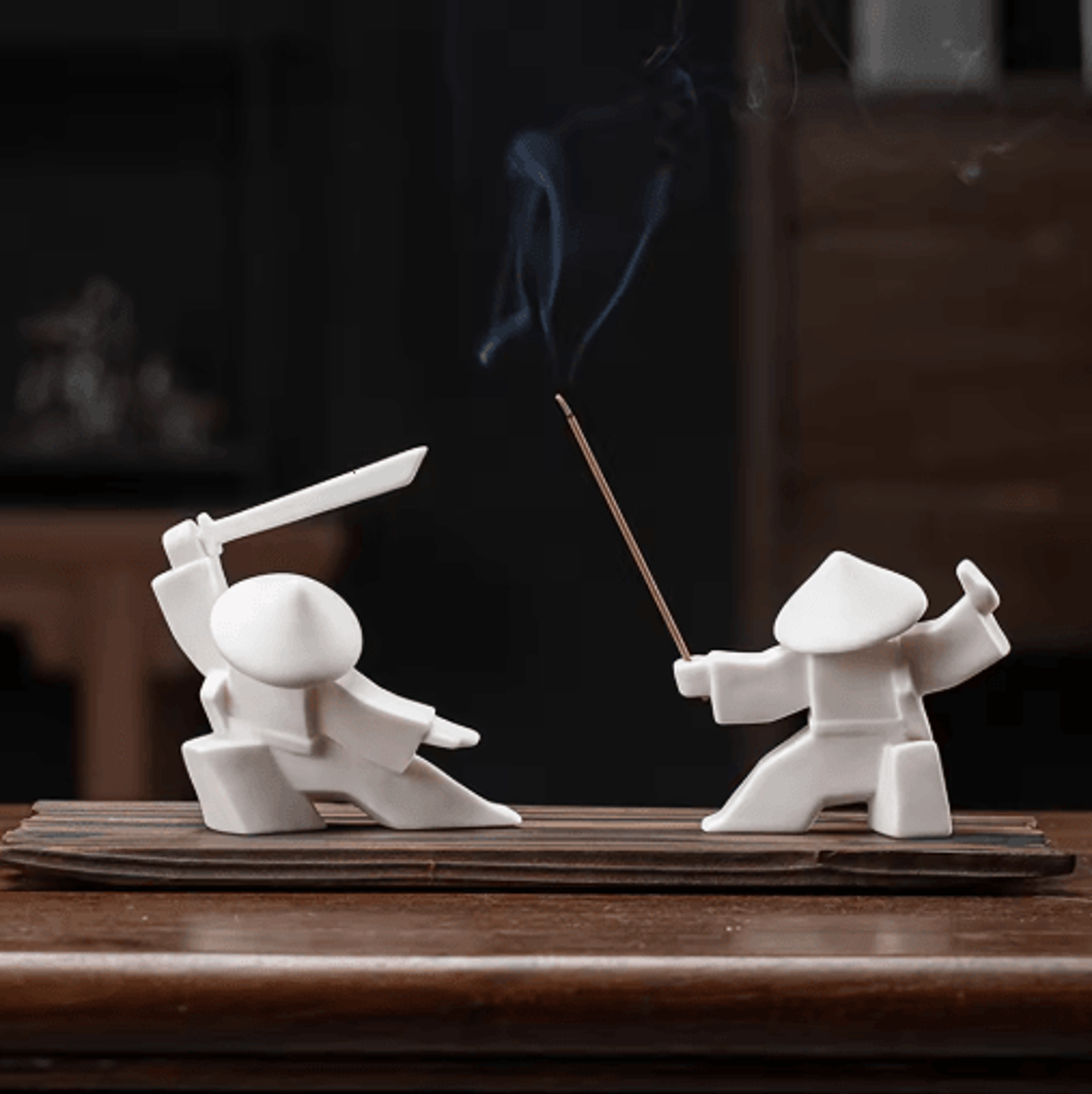 White Ceramic Samurai Figurine  Blanc De Chine Geometric Oriental Warrior Decor 24