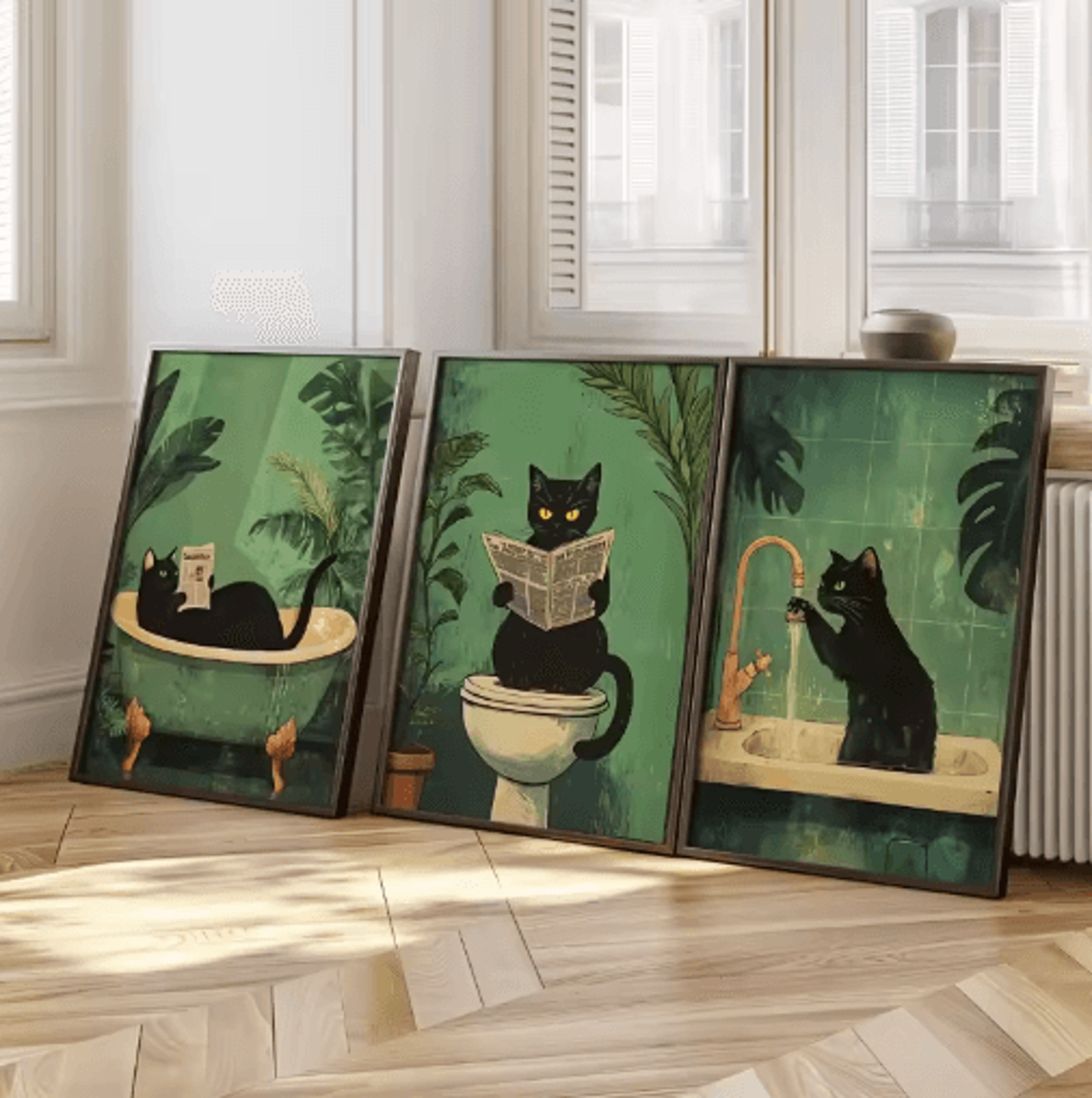 set of 3 black cat wall art – funny vintage bathroom canvas prints (unframed)