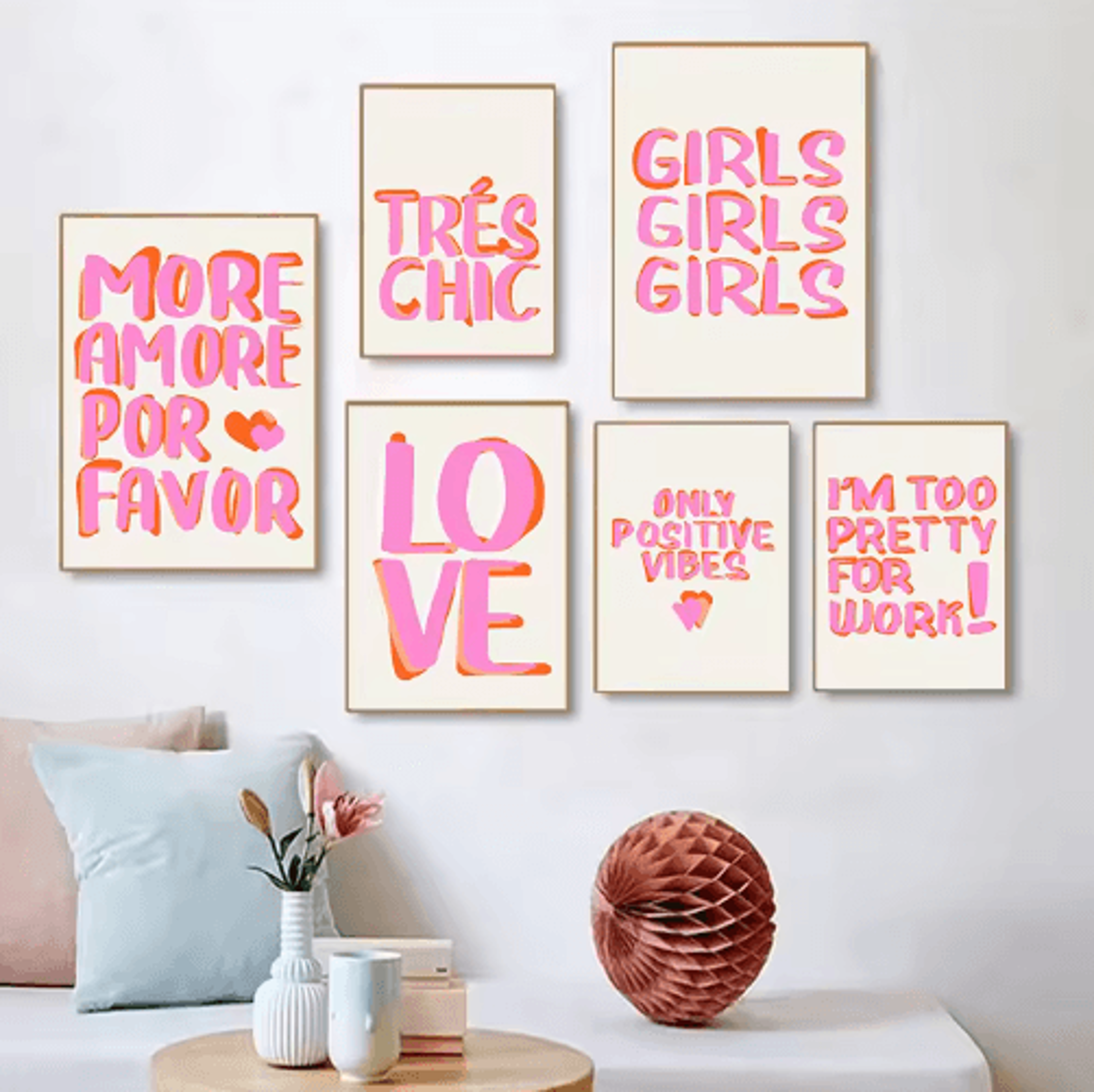 nordic pink quote wall art – more amor por favor eclectic love canvas print