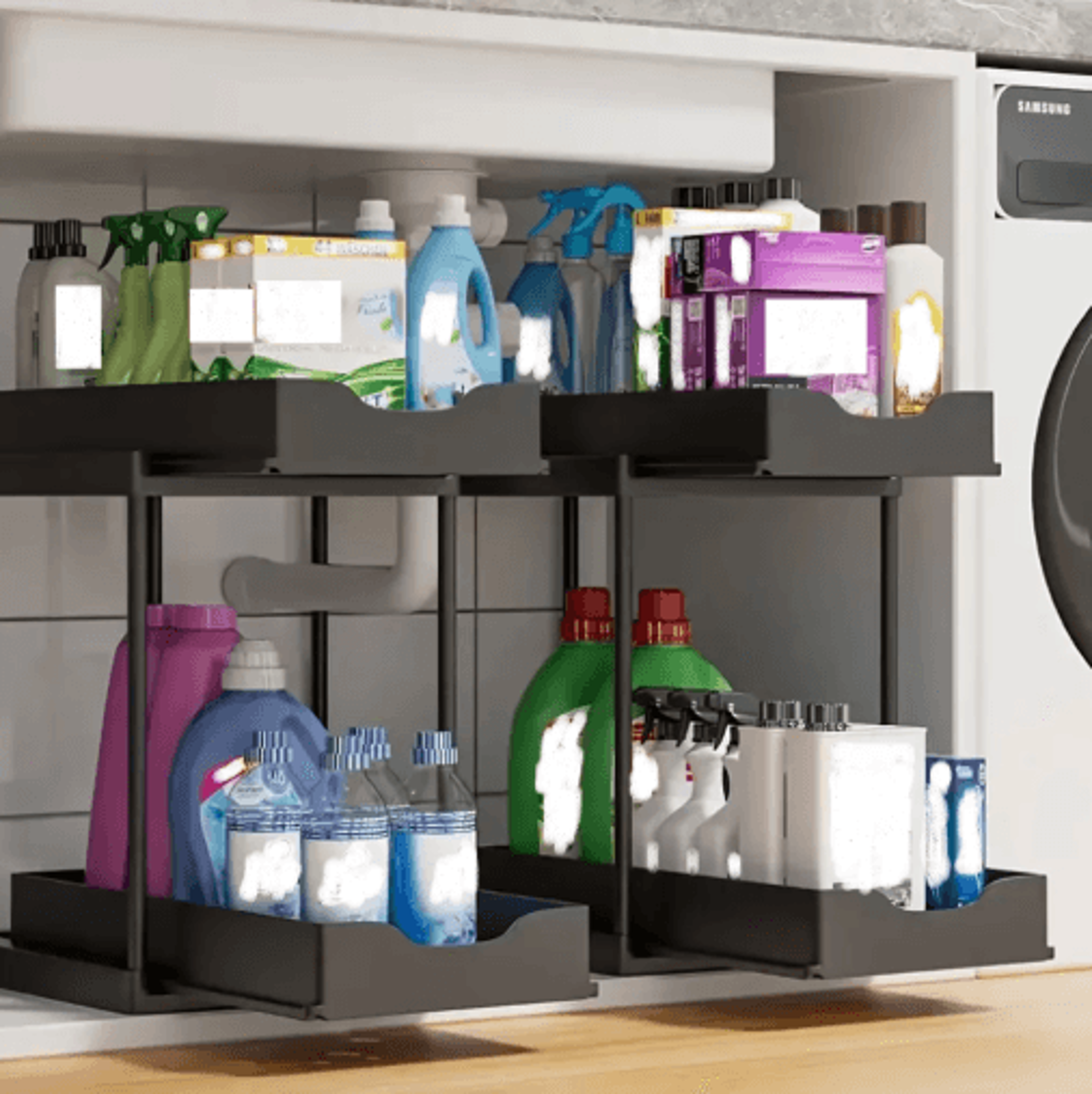 DoubleLayer PullOut Under Sink Storage Rack  Multifunction Kitchen Organizer With Hooks 5