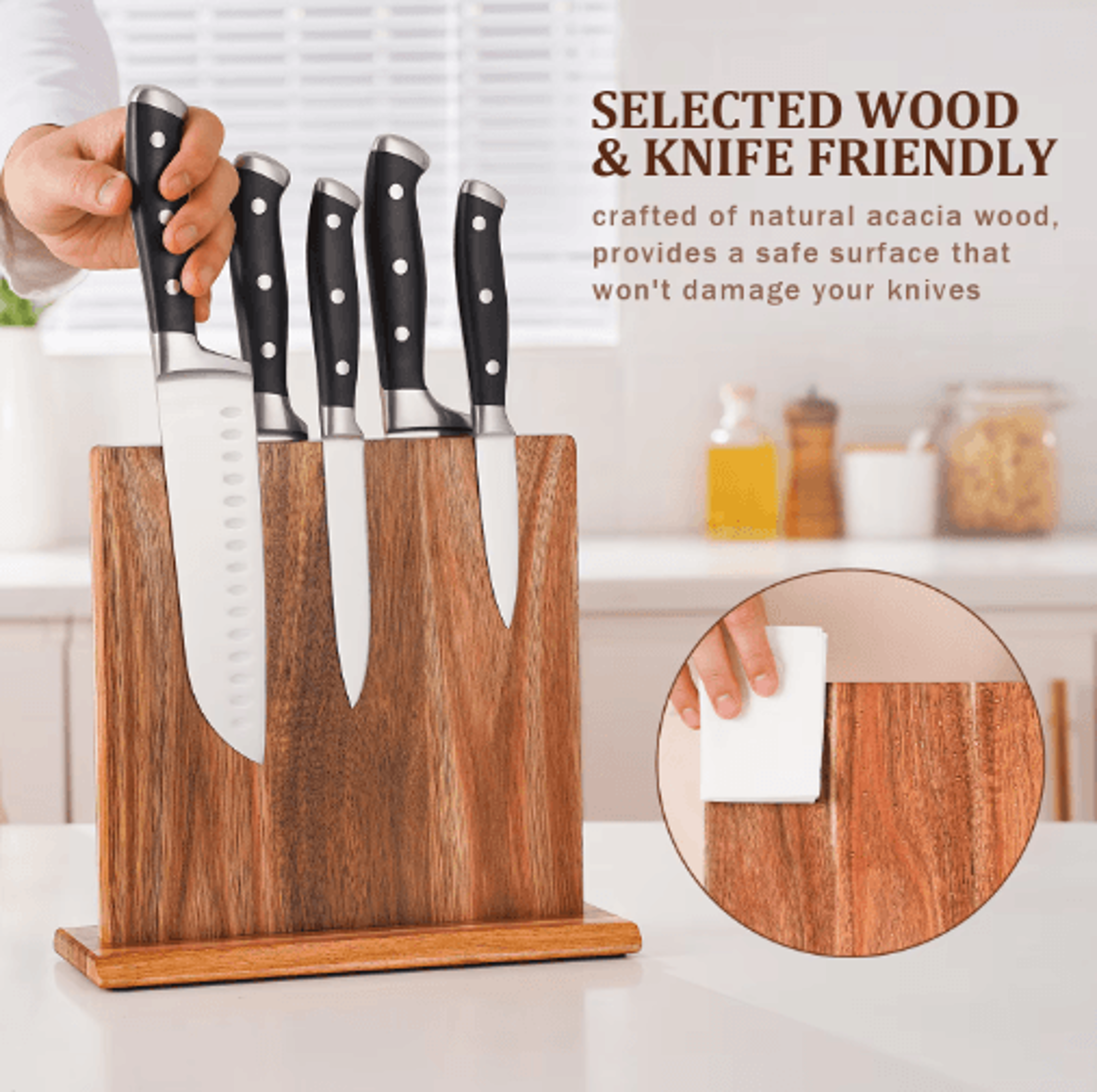 acacia wood magnetic knife block – strong magnet kitchen knife stand