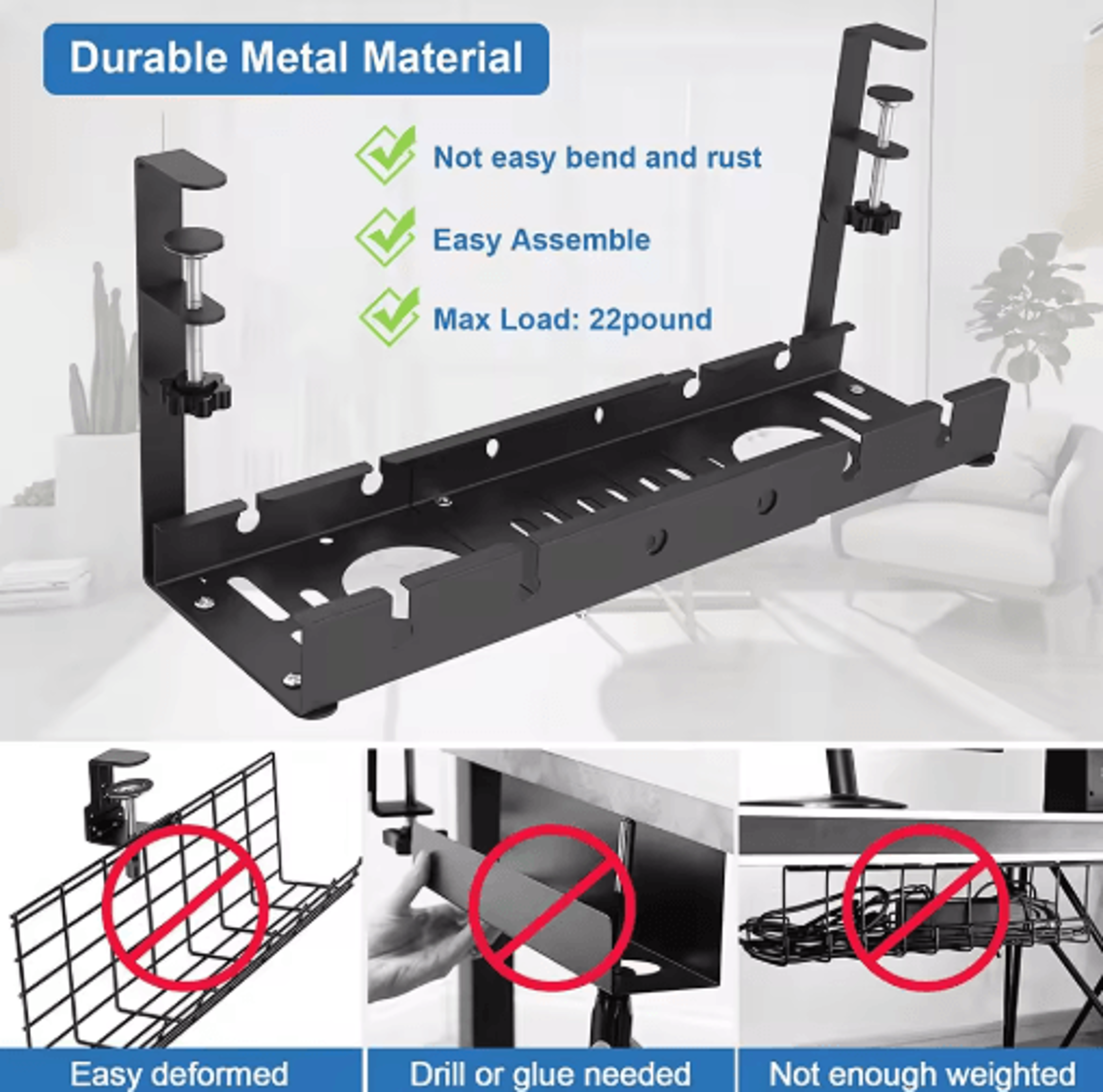 Telescopic Under Desk Cable Organizer Tray  NoDrill Metal Wire Management Rack 6