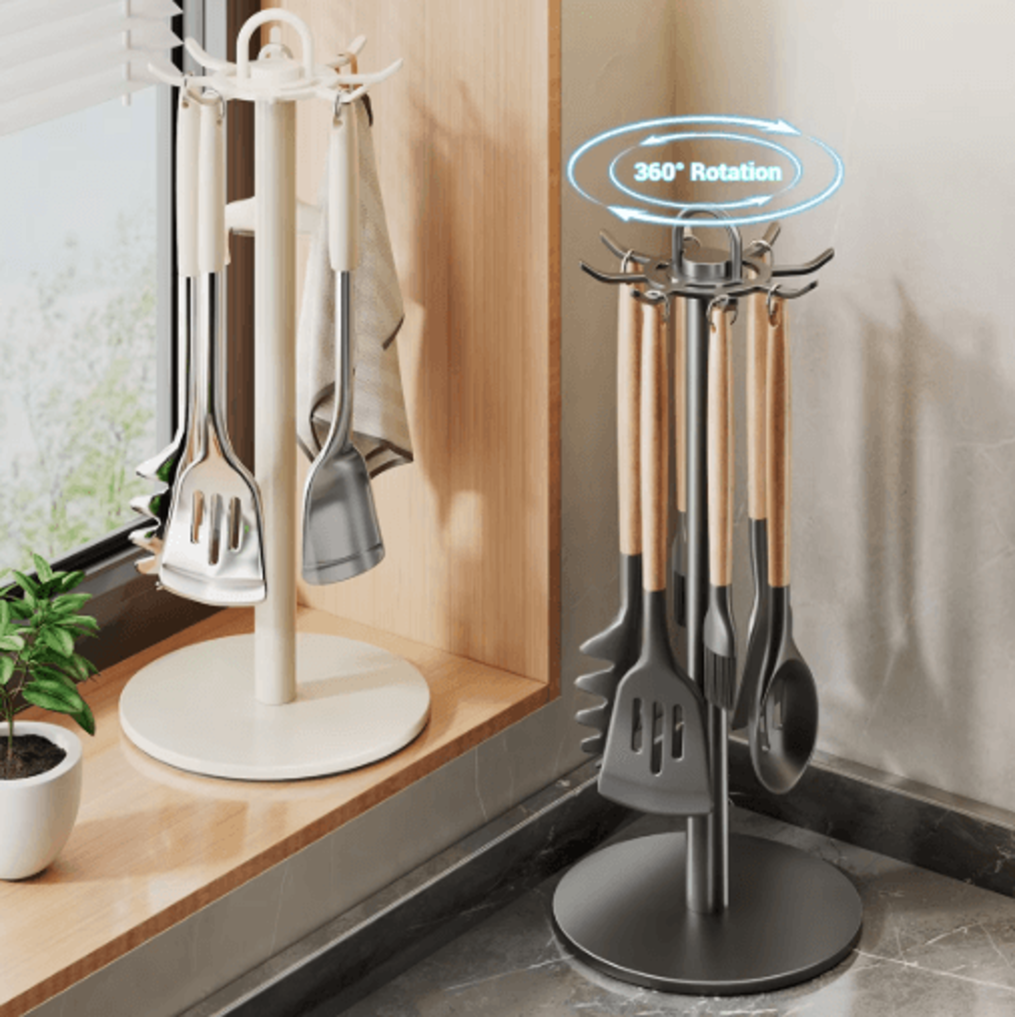 Rotating Kitchen Utensil Stand With 8 Hooks  SpaceSaving Countertop Organizer 4