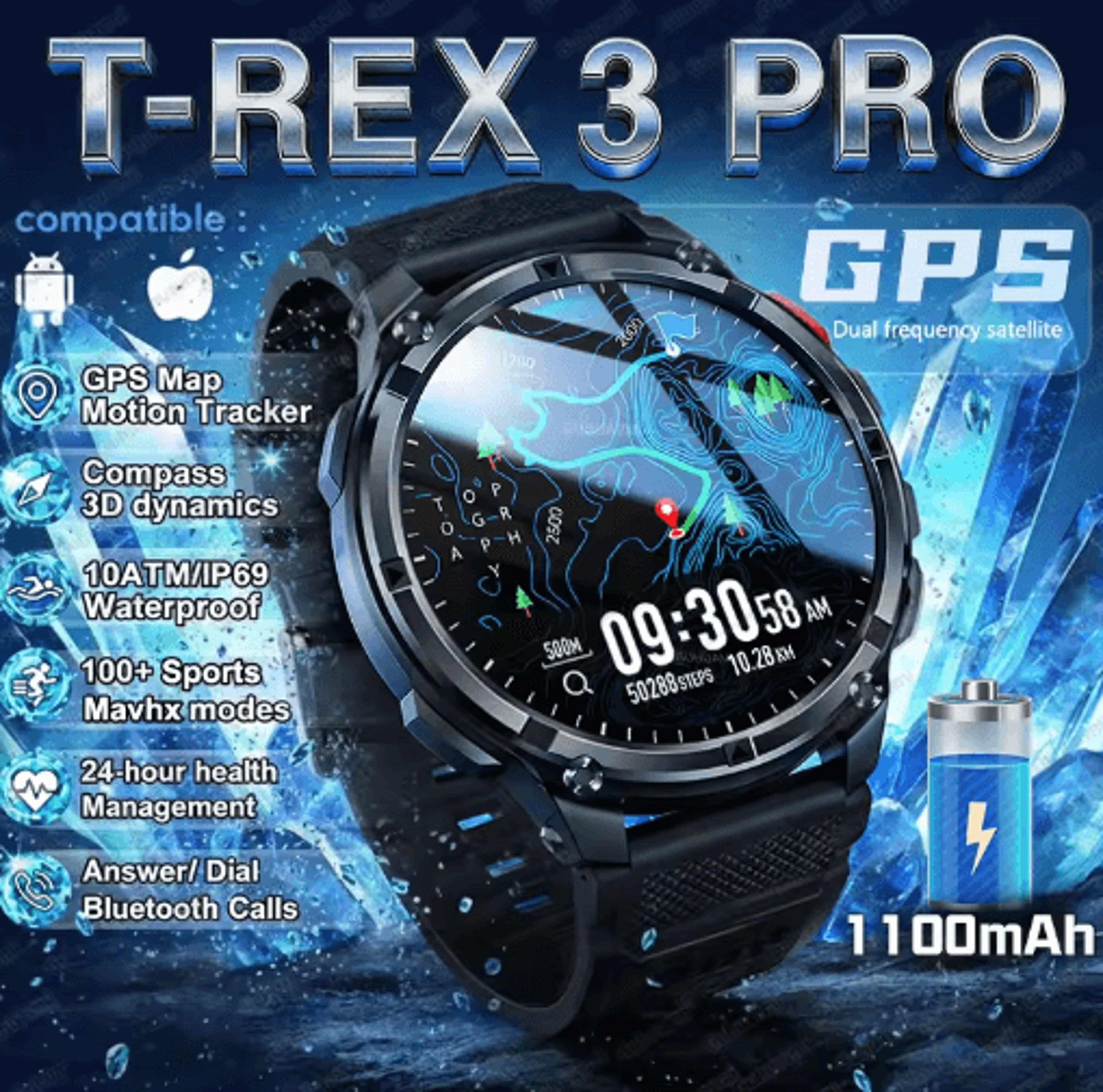 2026 t-rex3 pro military gps smartwatch – 1100mah long-standby rugged outdoor watch