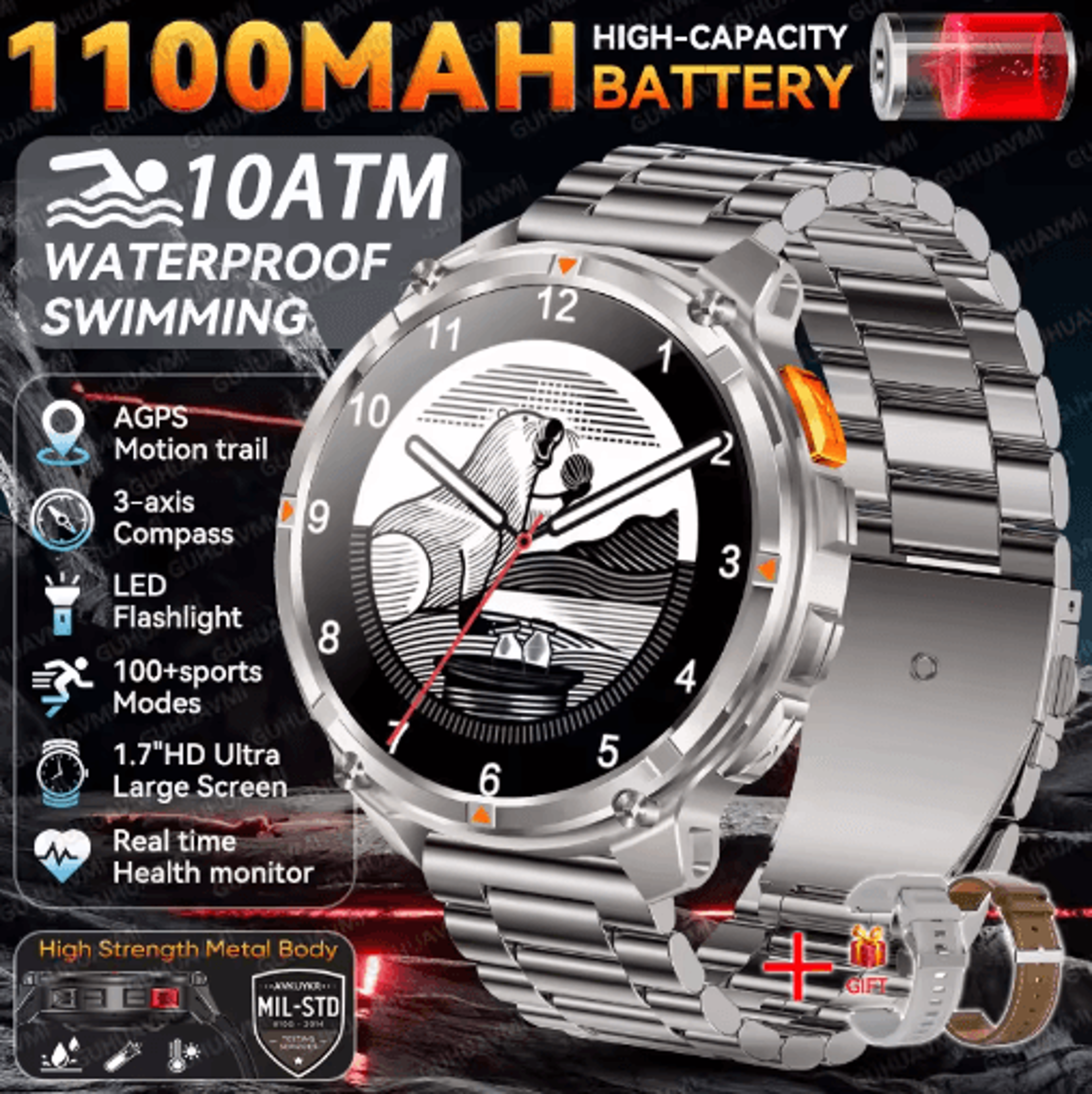 TRex 3 Pro Rugged Smartwatch  Military GPS  10ATM Waterproof Power Watch 4