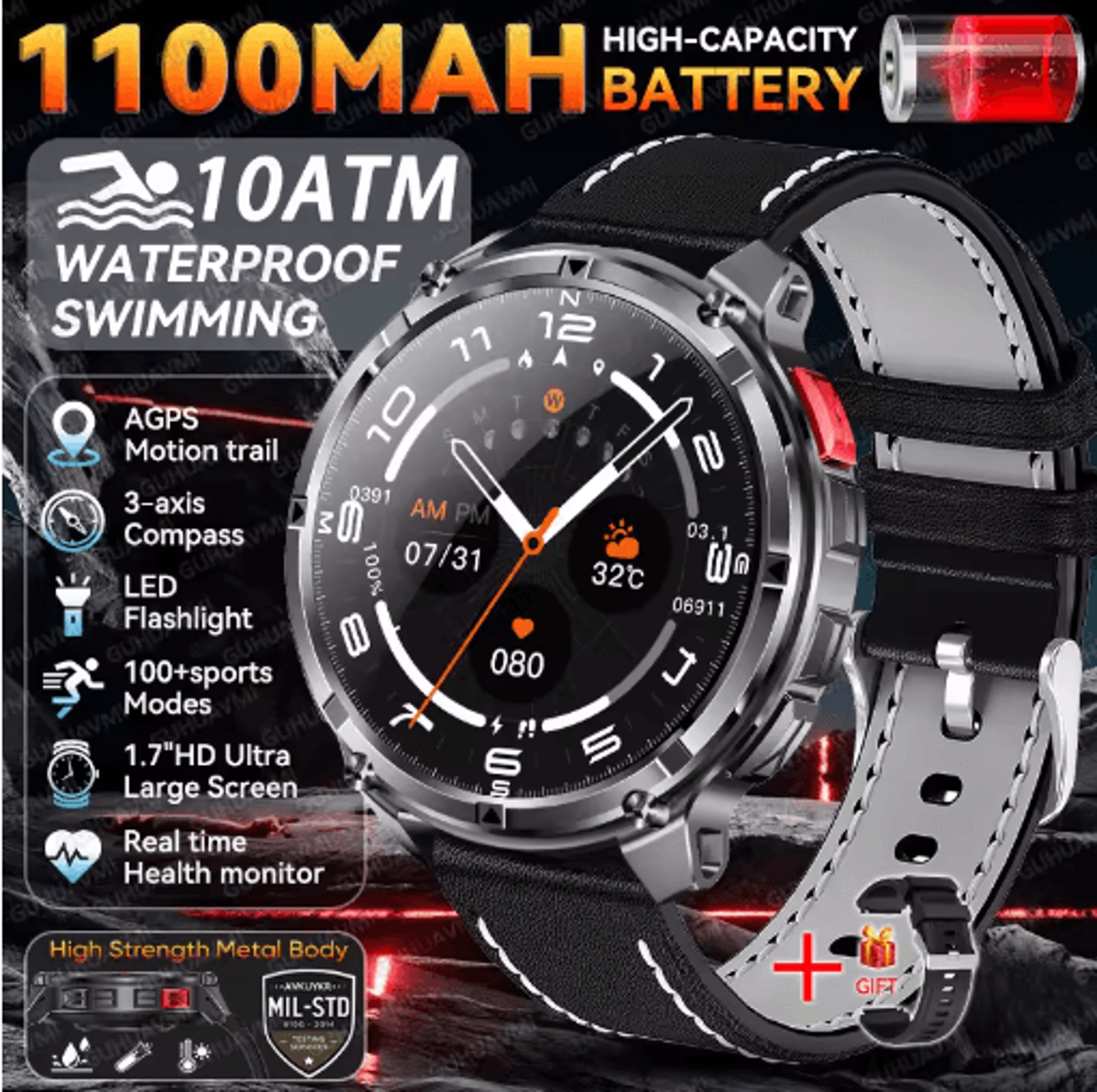 TRex 3 Pro Rugged Smartwatch  Military GPS  10ATM Waterproof Power Watch 8