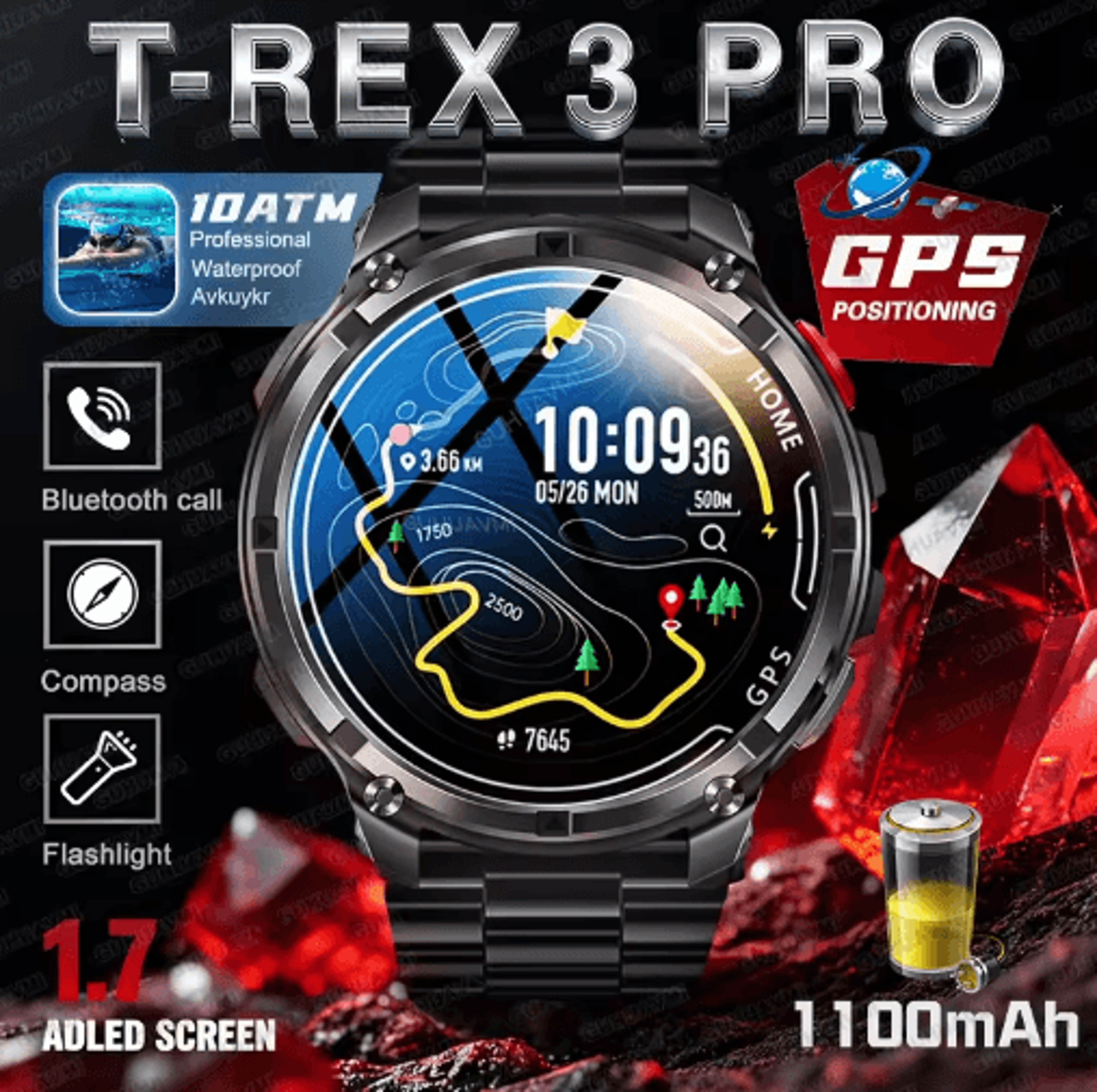 TRex 3 Pro Rugged Smartwatch  Military GPS  10ATM Waterproof Power Watch 0