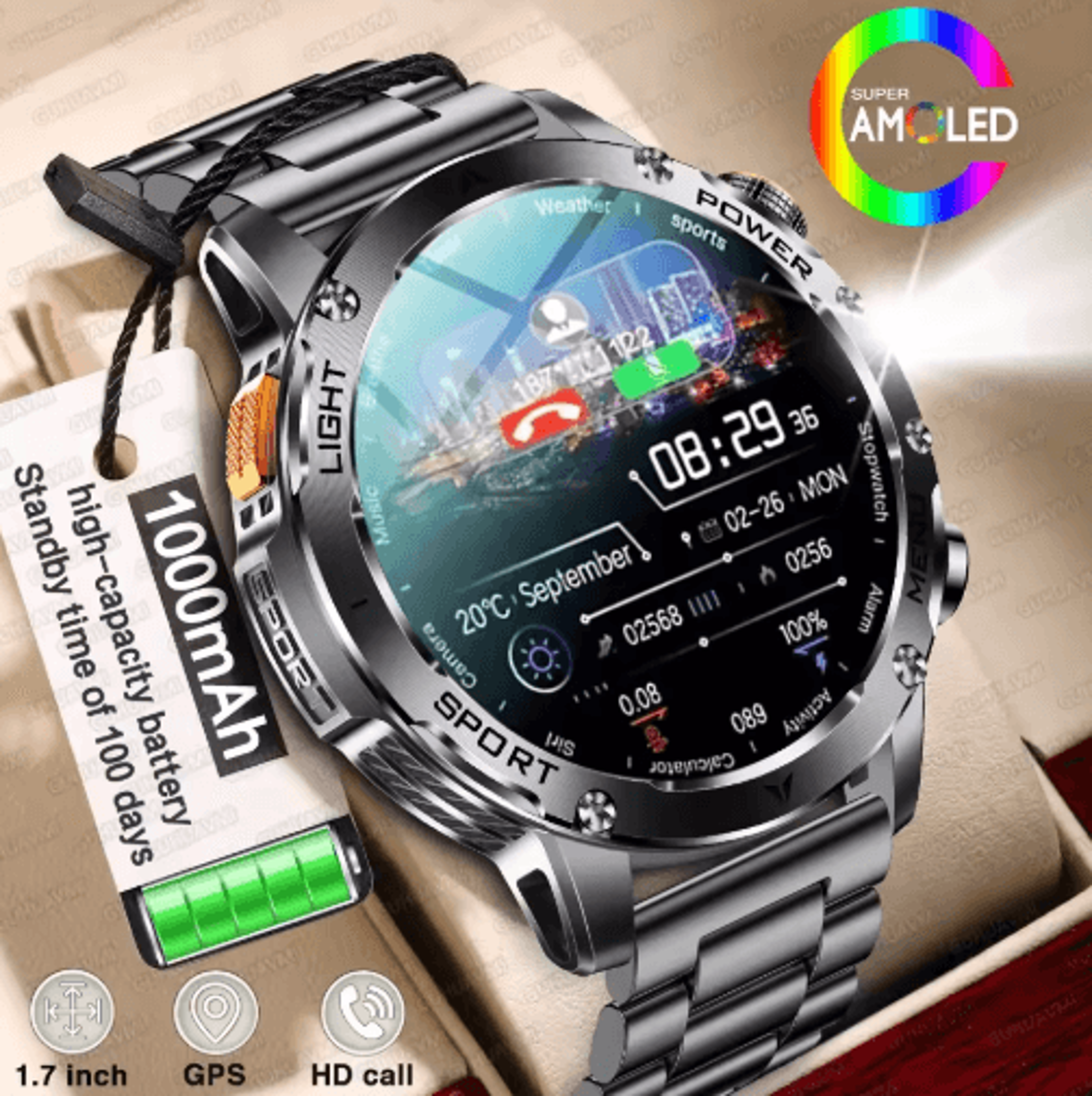 powertrack x1 amoled gps smartwatch – 1000mah nfc bluetooth call fitness watch