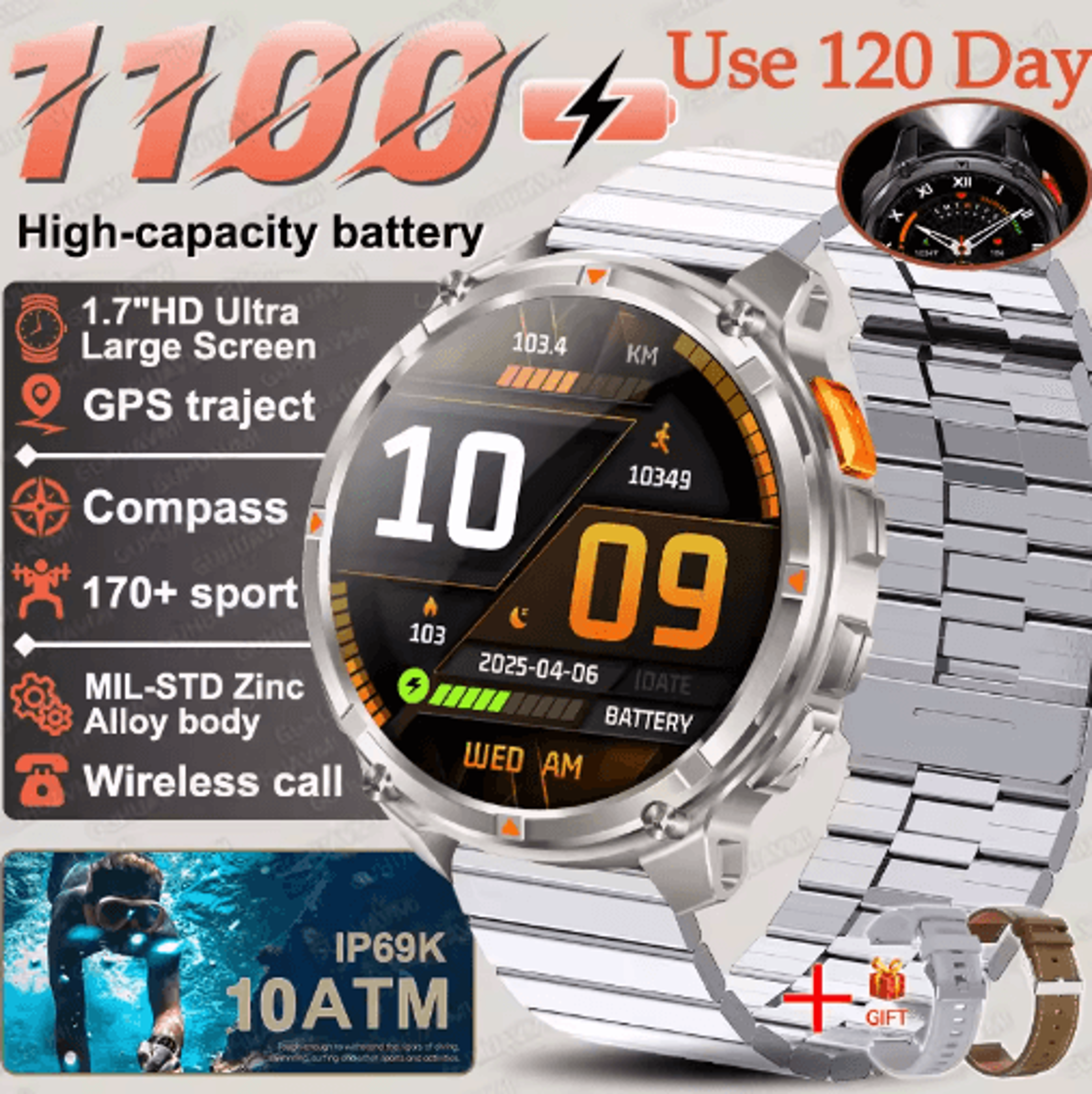 t-rex 3 pro military gps smartwatch – rugged 10atm waterproof watch with 1100mah power