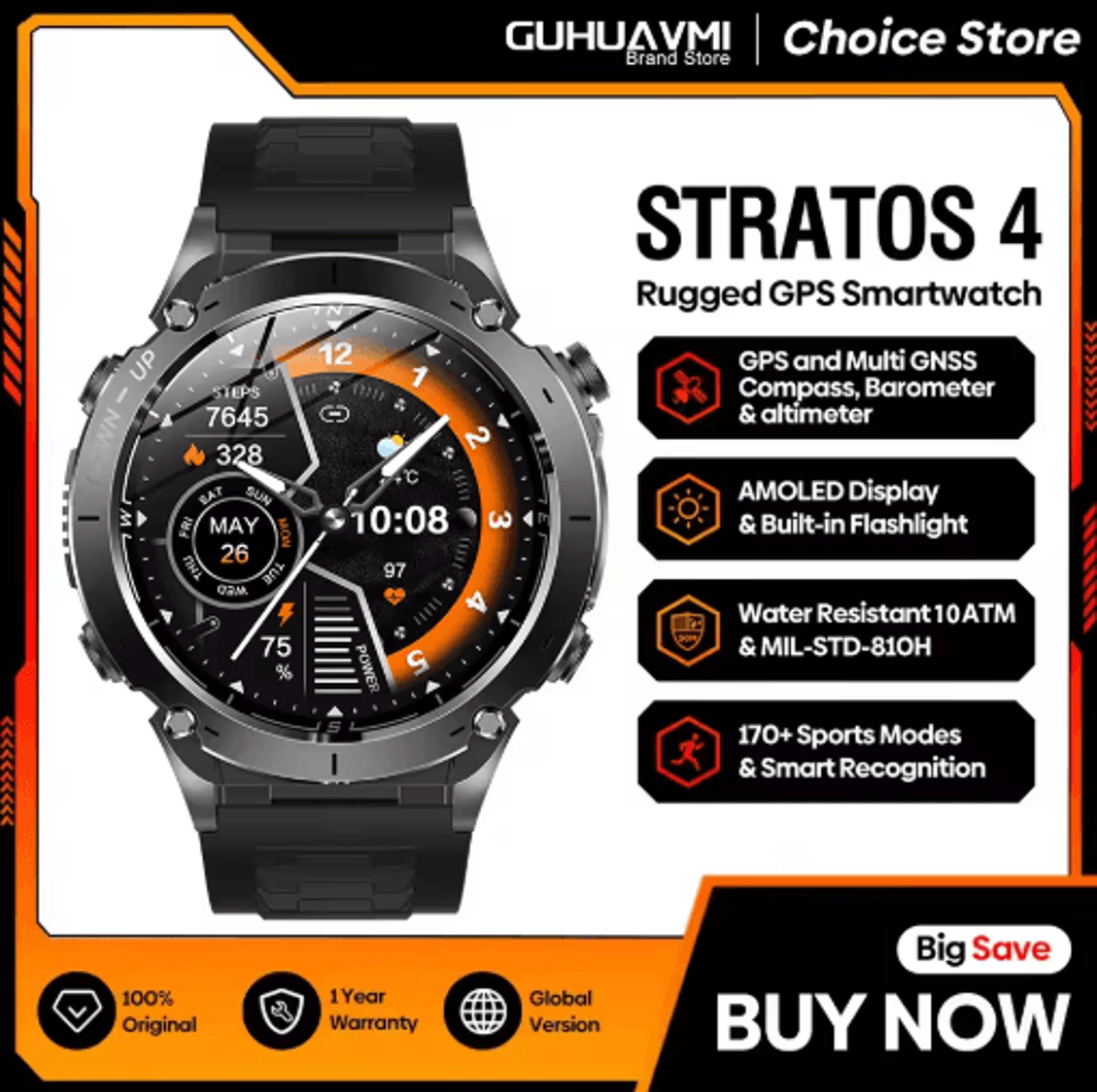 stratos 4 rugged gps smartwatch amoled outdoor watch with compass altimeter & flashlight