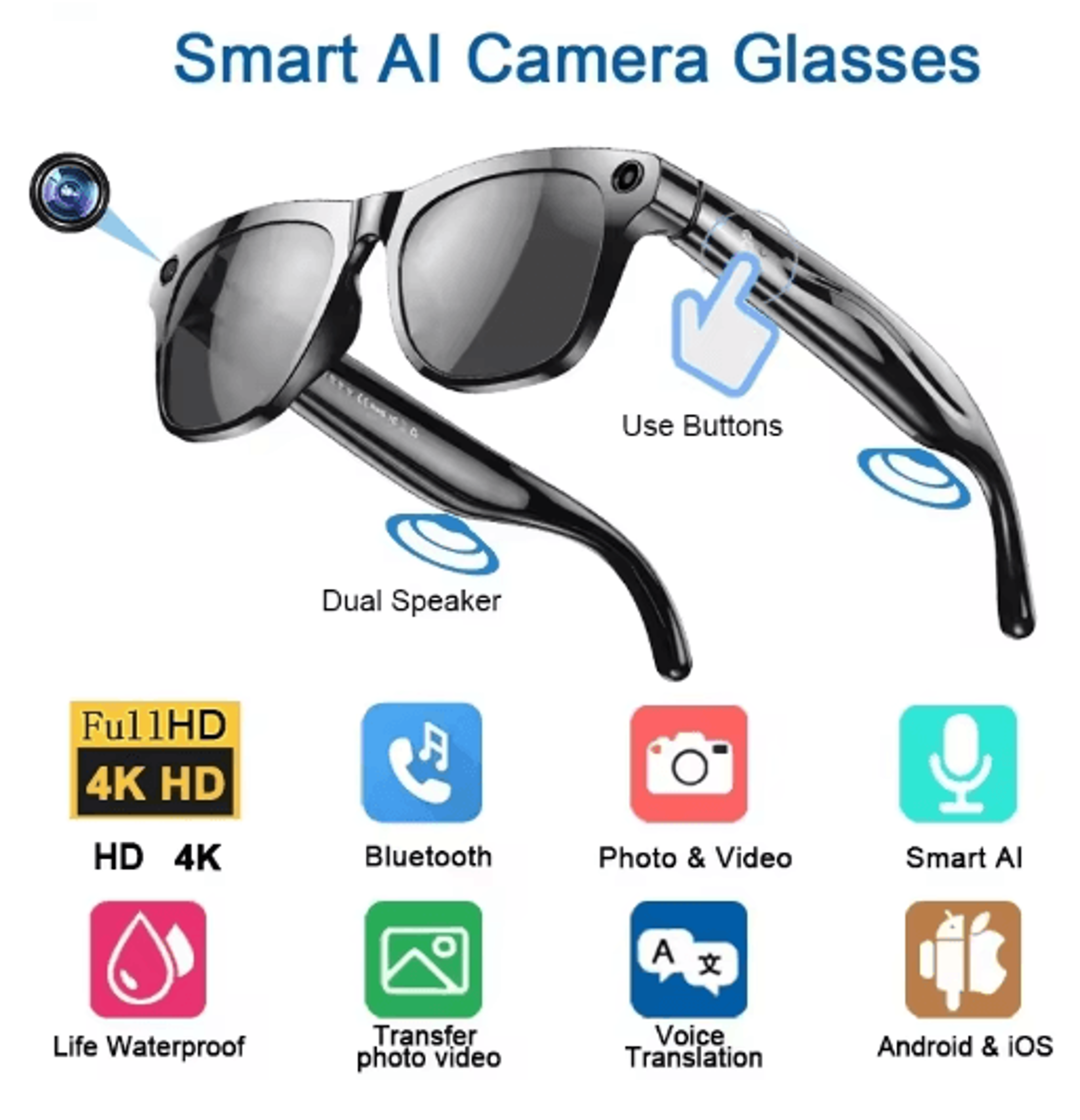 VisionTranslate Pro 4K AI Smart Glasses Camera Translation  Bluetooth Call Wearable 1