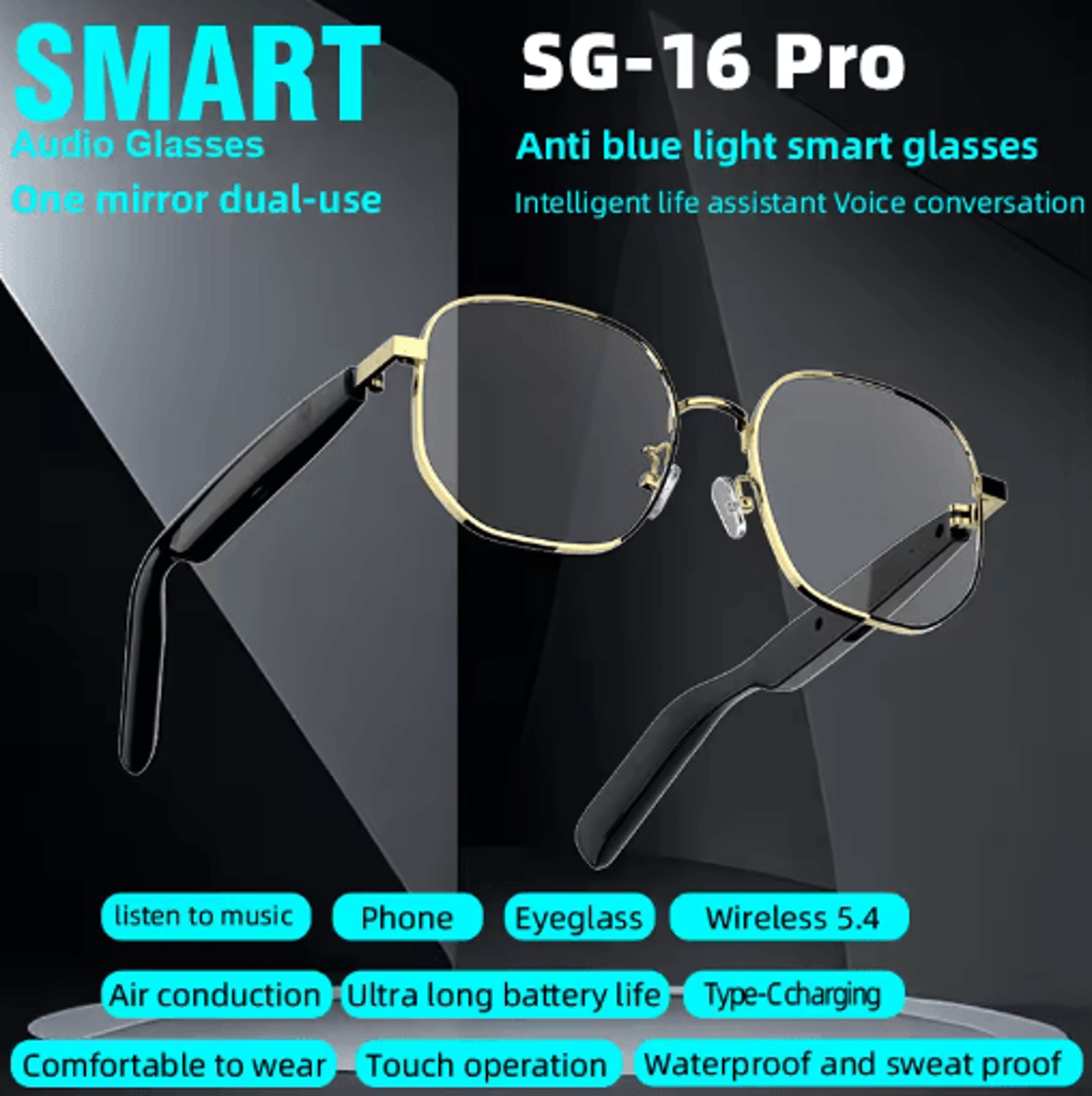 SG16 Pro Smart Audio Glasses  Anti Blue Light Bluetooth Sunglasses With Gold Frame For Sports  Dail 2