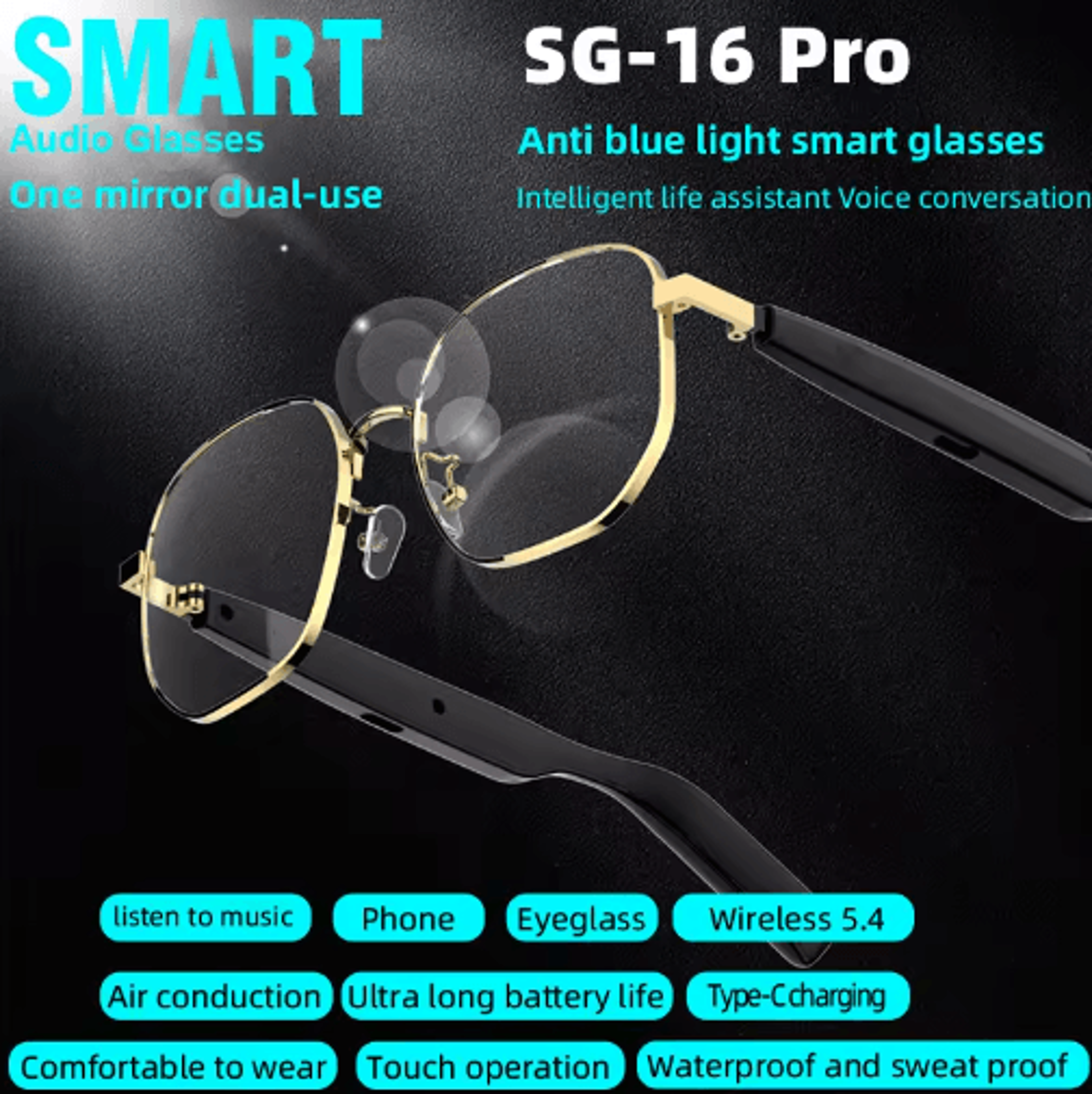 SG16 Pro Smart Audio Glasses  Anti Blue Light Bluetooth Sunglasses With Gold Frame For Sports  Dail 3