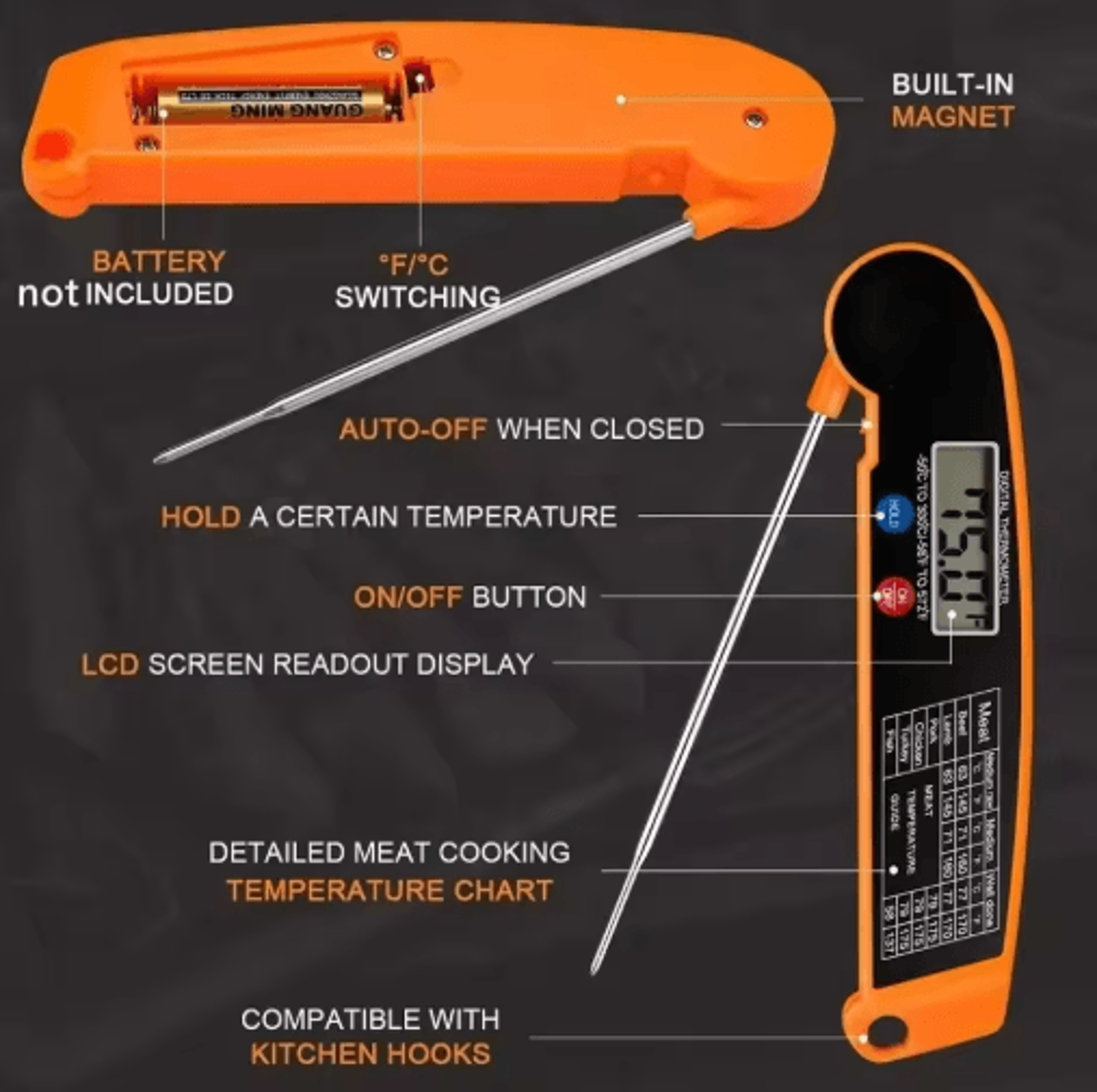 Instant Read Digital Meat Thermometer  High Accuracy Waterproof BBQ  Kitchen Thermometer With Backl 7