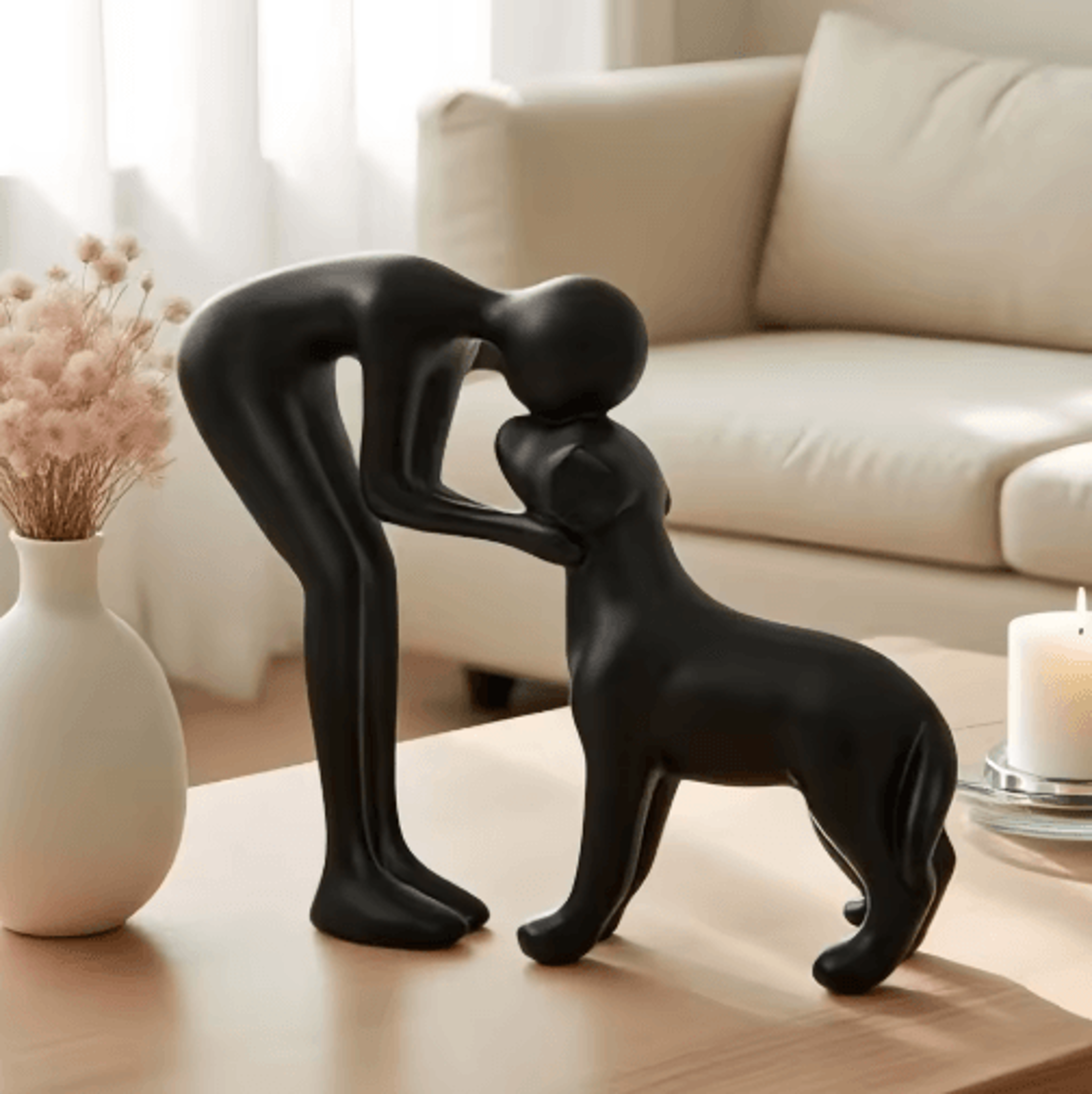 elegant black dog & owner statue for home decoration