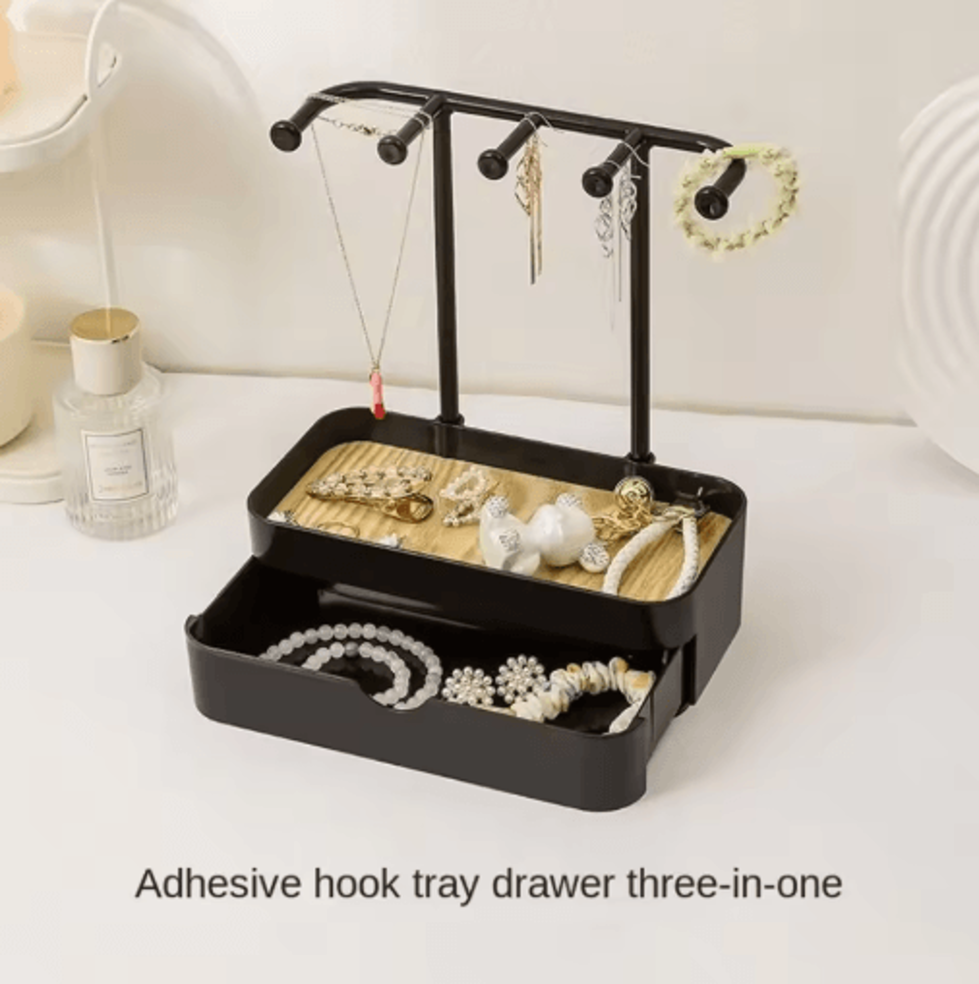 wooden jewelry display rack with drawer for earrings & necklaces
