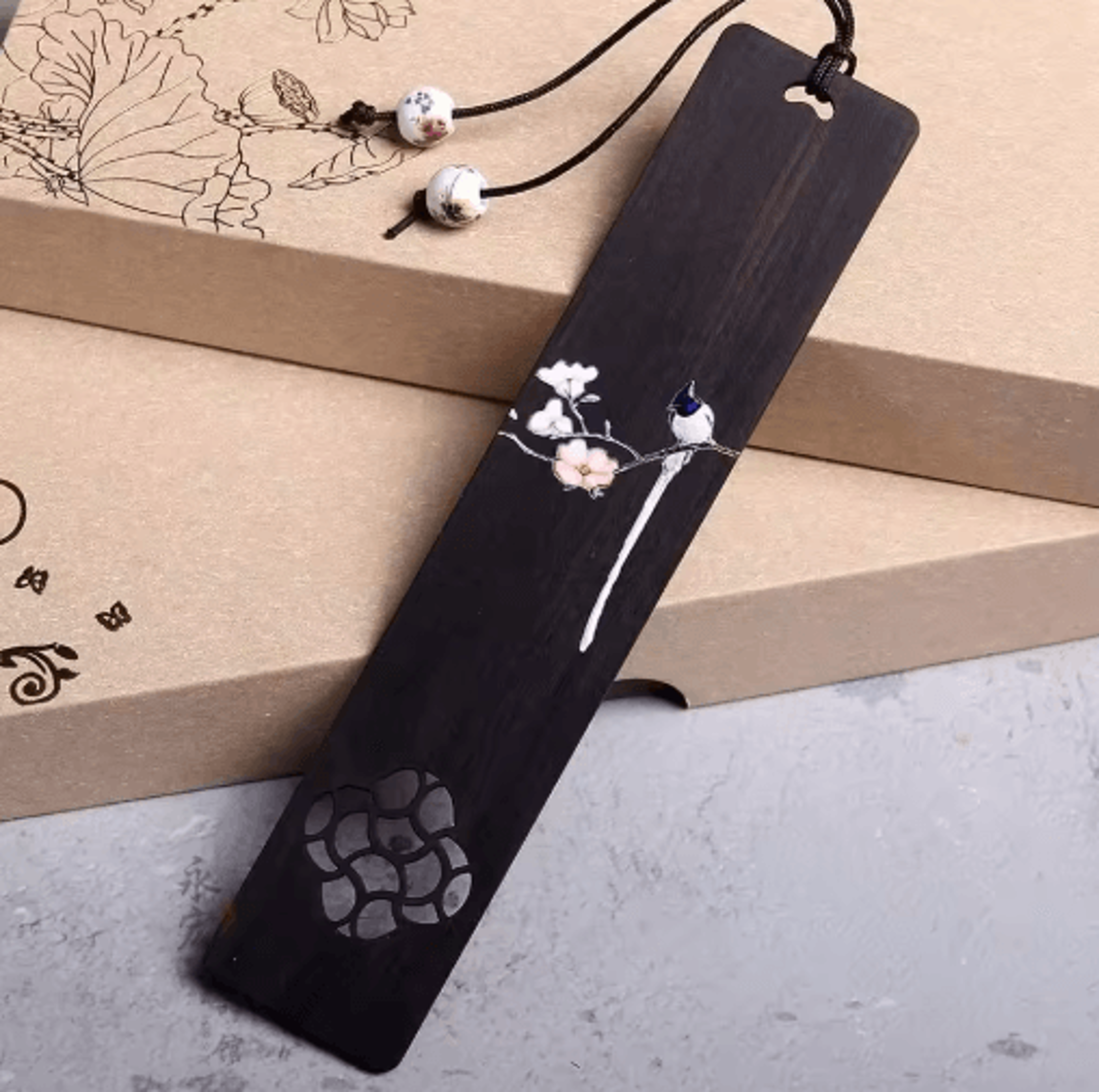 Retro Chinese Wooden Bookmark With Ebony Carved Design 1