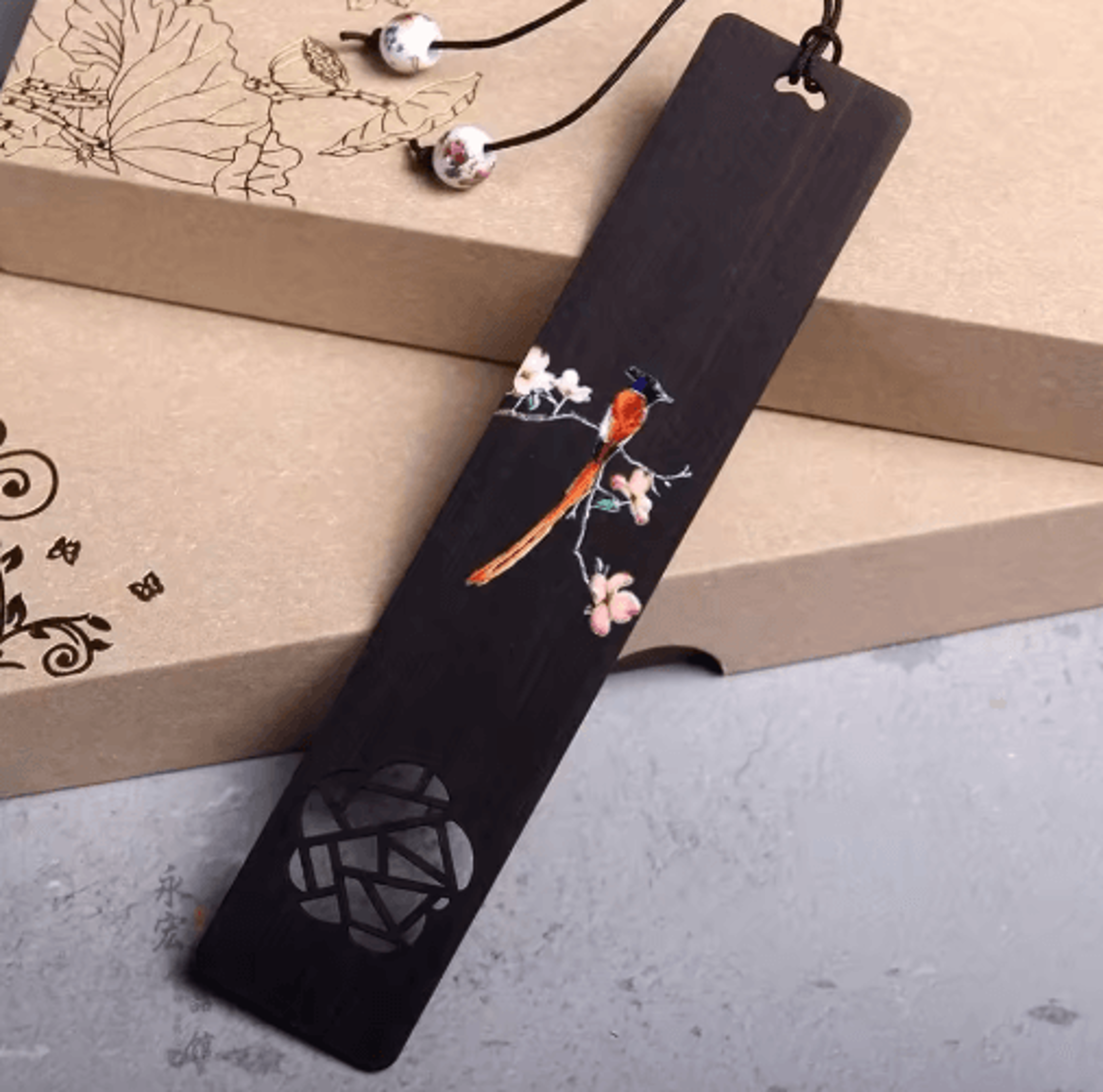 Retro Chinese Wooden Bookmark With Ebony Carved Design 7