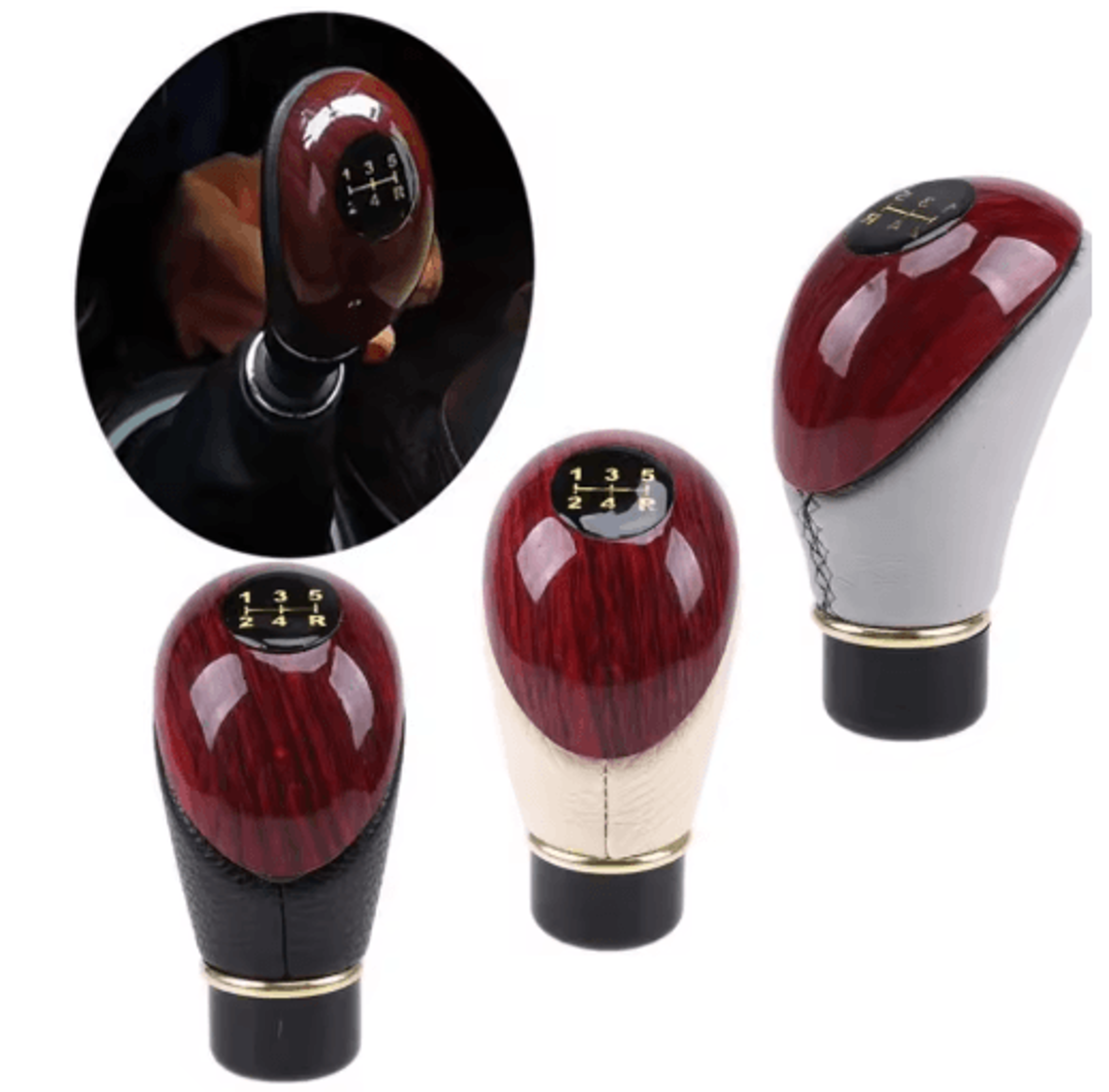 Universal Wooden  PU Leather 5Speed Manual Gear Shift Knob 5
