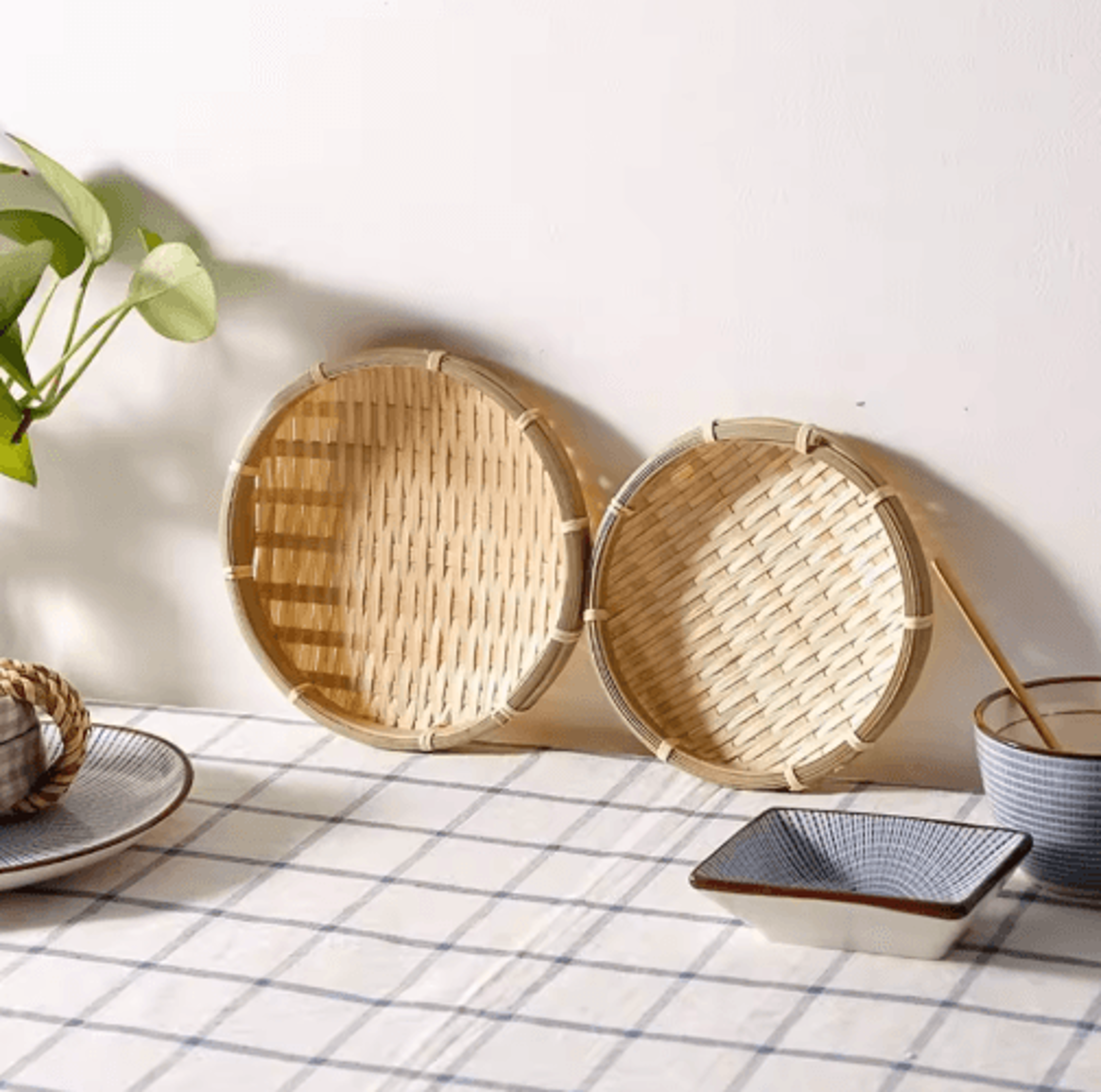 Handmade Woven Bamboo Bread Basket Tray For Kitchen  Table Serving 8