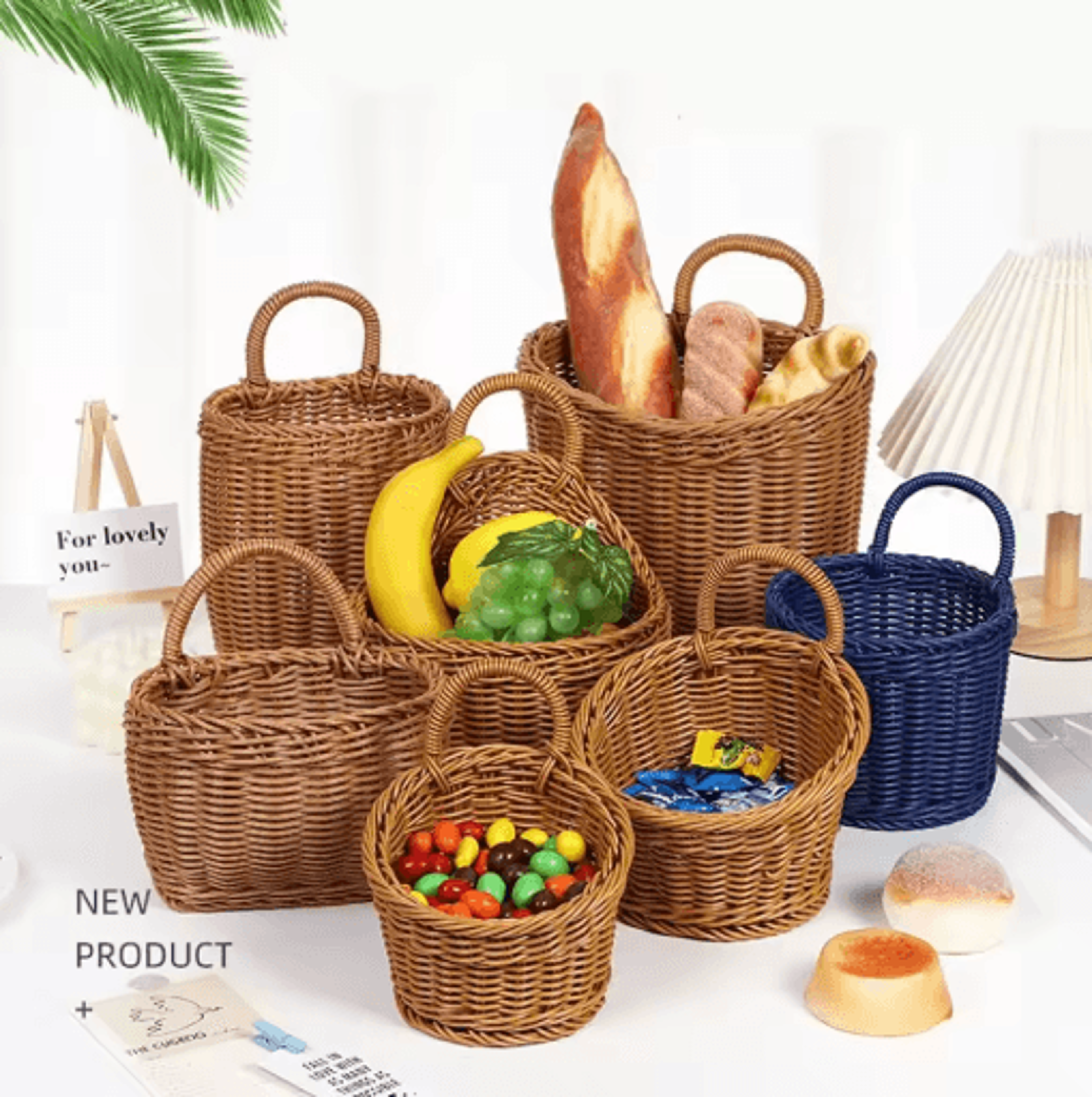 handwoven rattan style hanging storage basket with handle