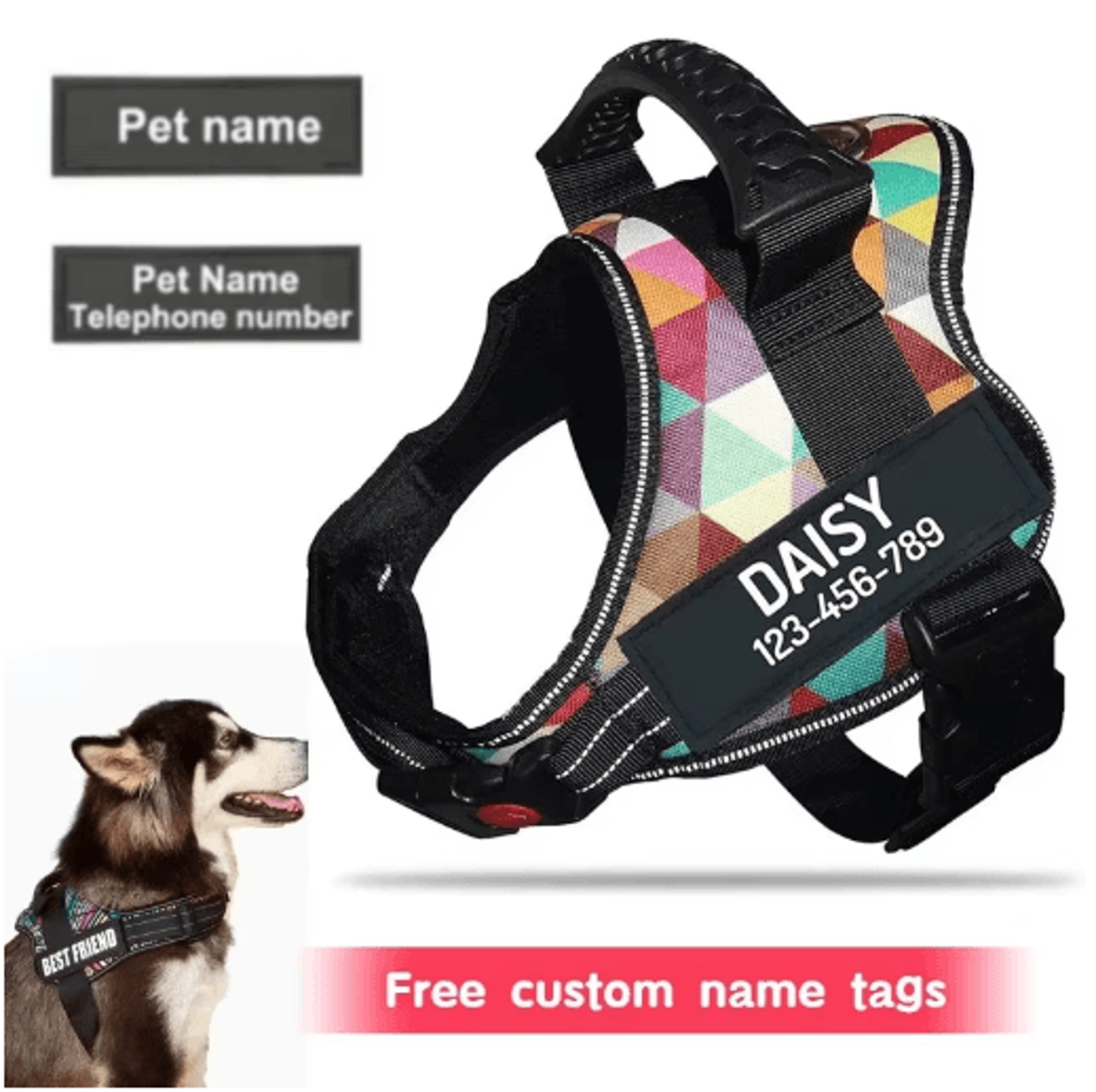 Custom Nylon Dog Harness With Name ID  Adjustable Vest Harness For Small  Large Dogs 0