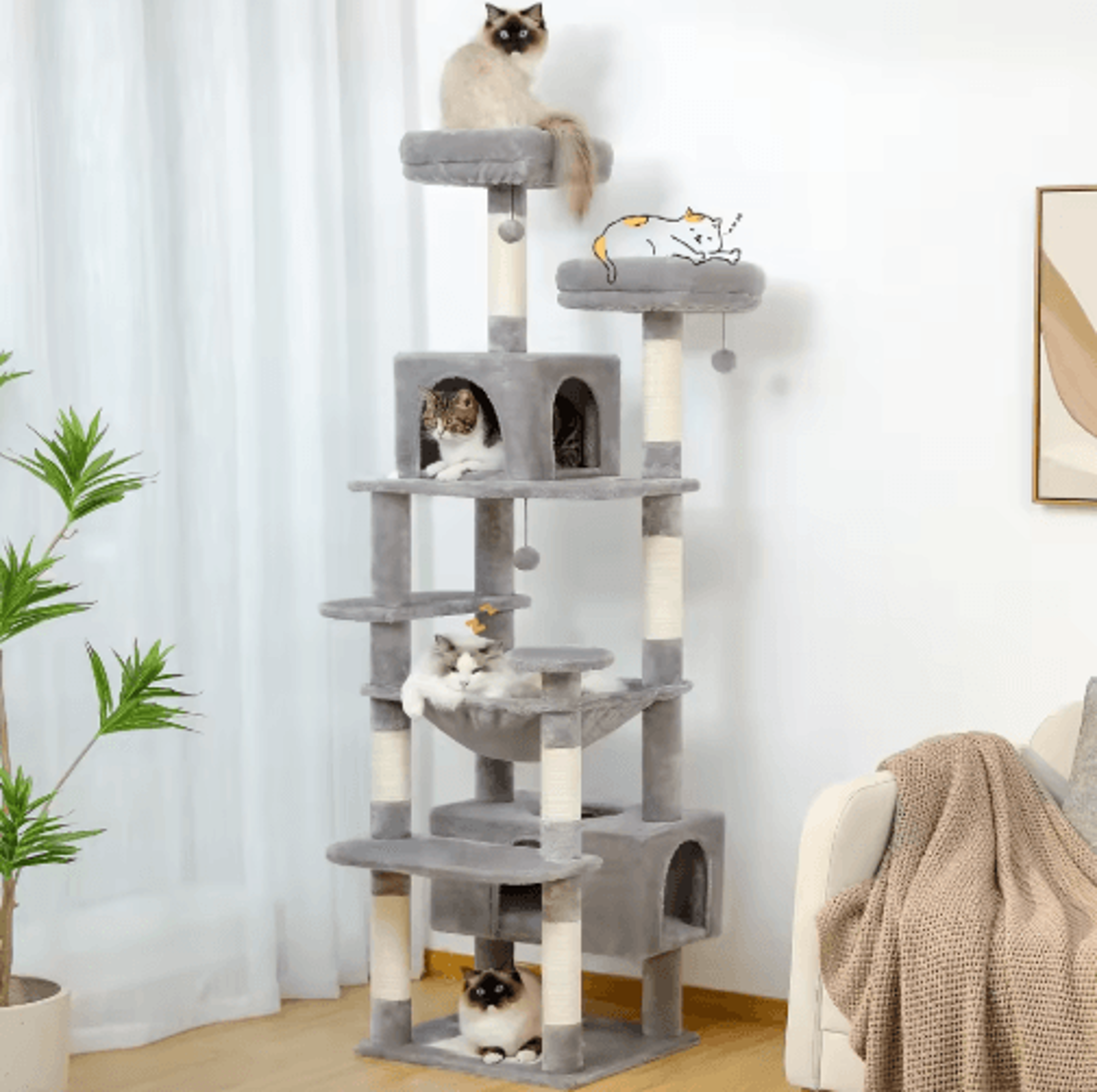Large Cat Tree  Tower  MultiLevel Indoor Cat Condo With Hammock Scratching Posts  Toys 0