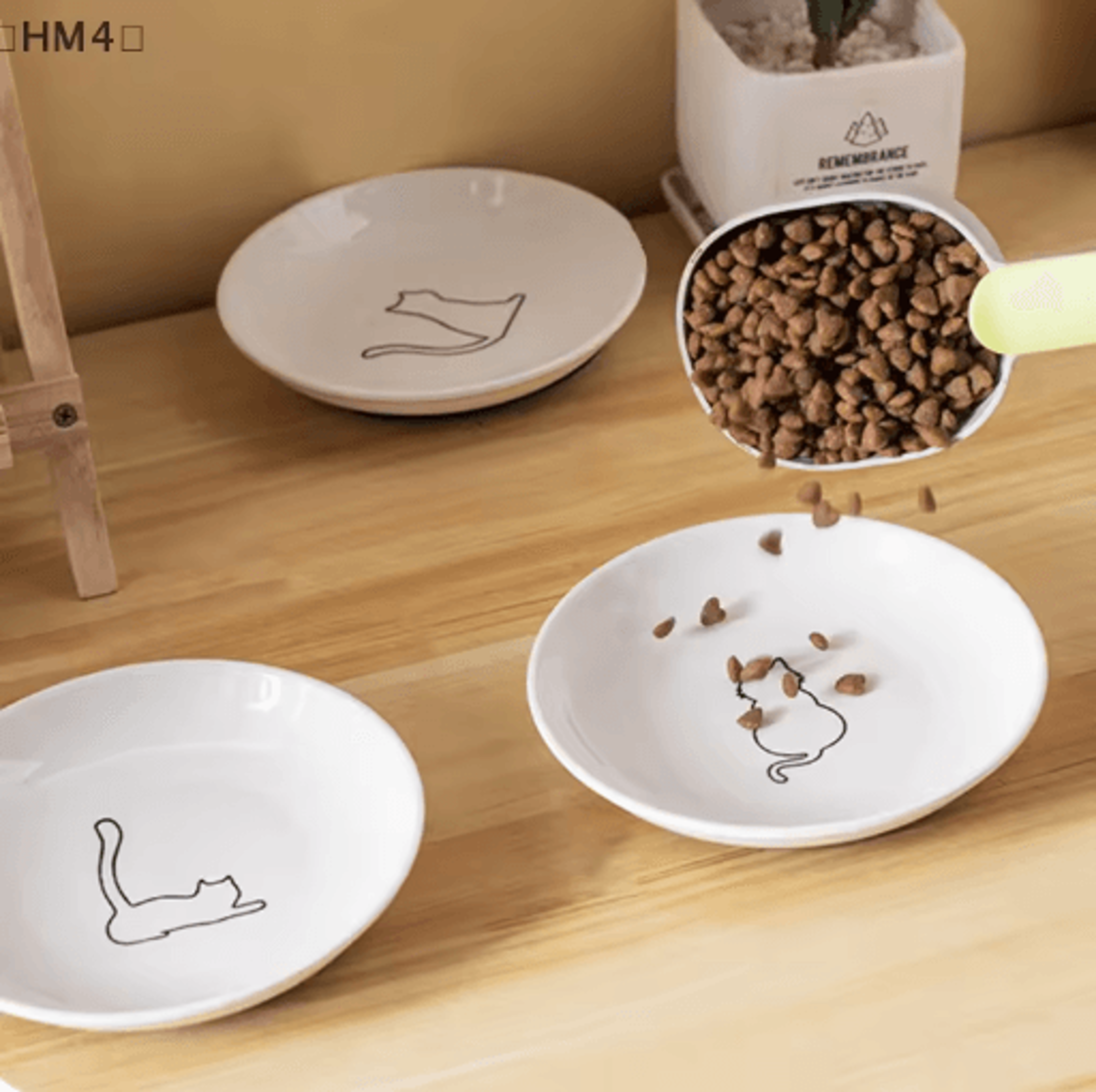 cute ceramic cat snack & water bowl with anti slip silicone pad