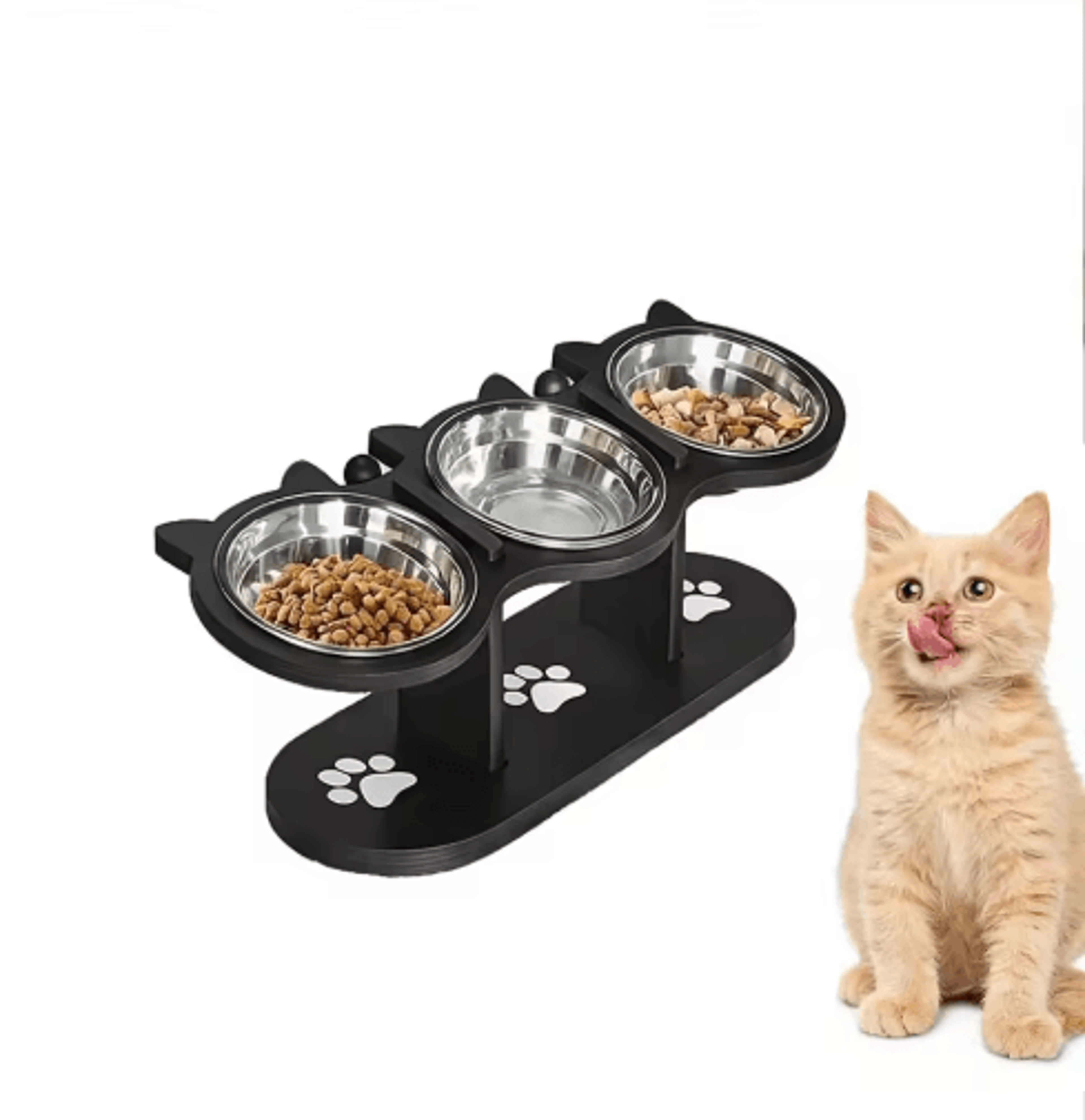 Elevated Cat Feeder With Solid Wood Frame  Stainless Steel Bowls 1