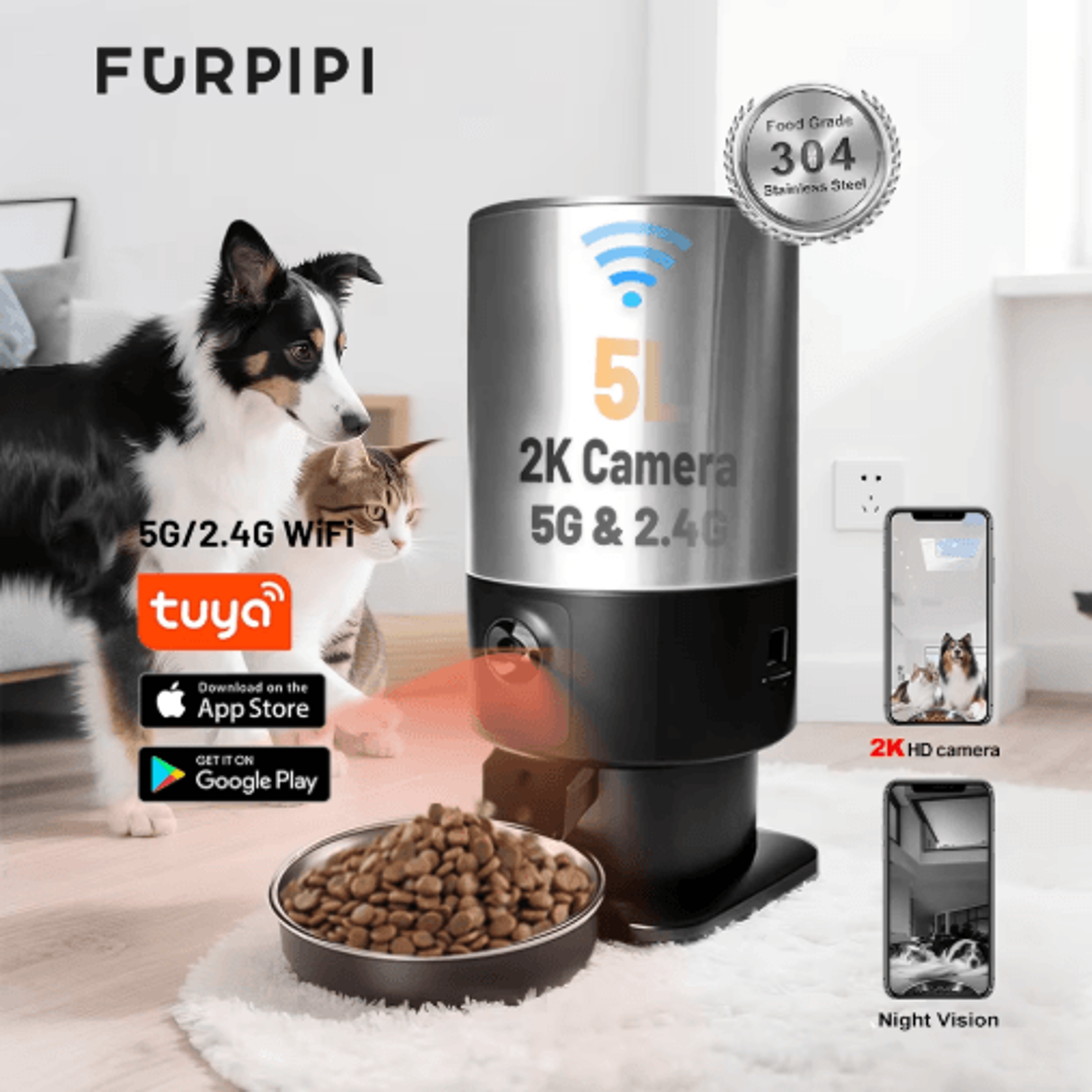 Furpipi Smart 5L Automatic Cat Feeder With HD Camera  App Control 0