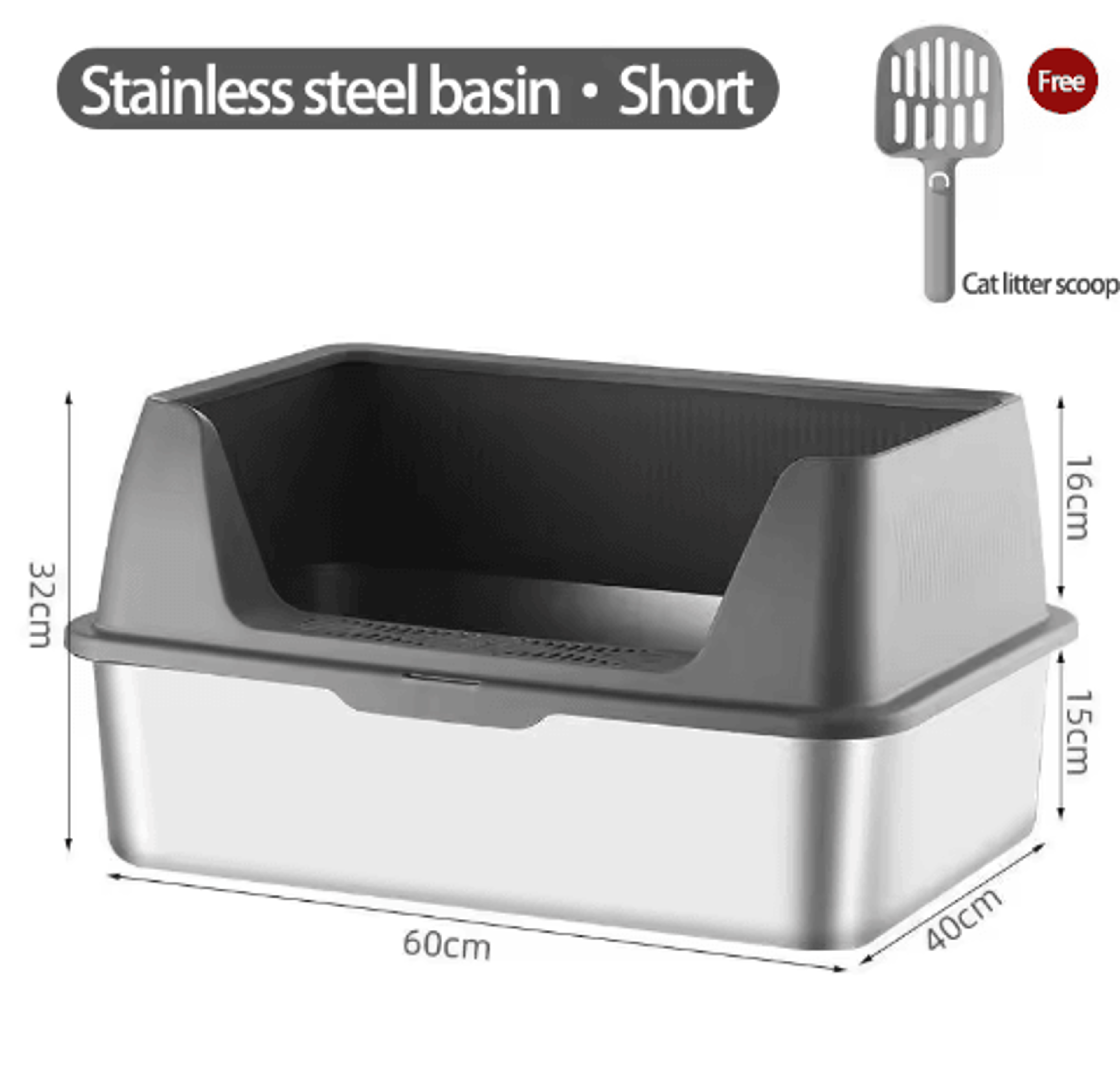 Stainless Steel HighSided Cat Litter Box With Lid  Scoop  LeakProof Large Cat Toilet 3