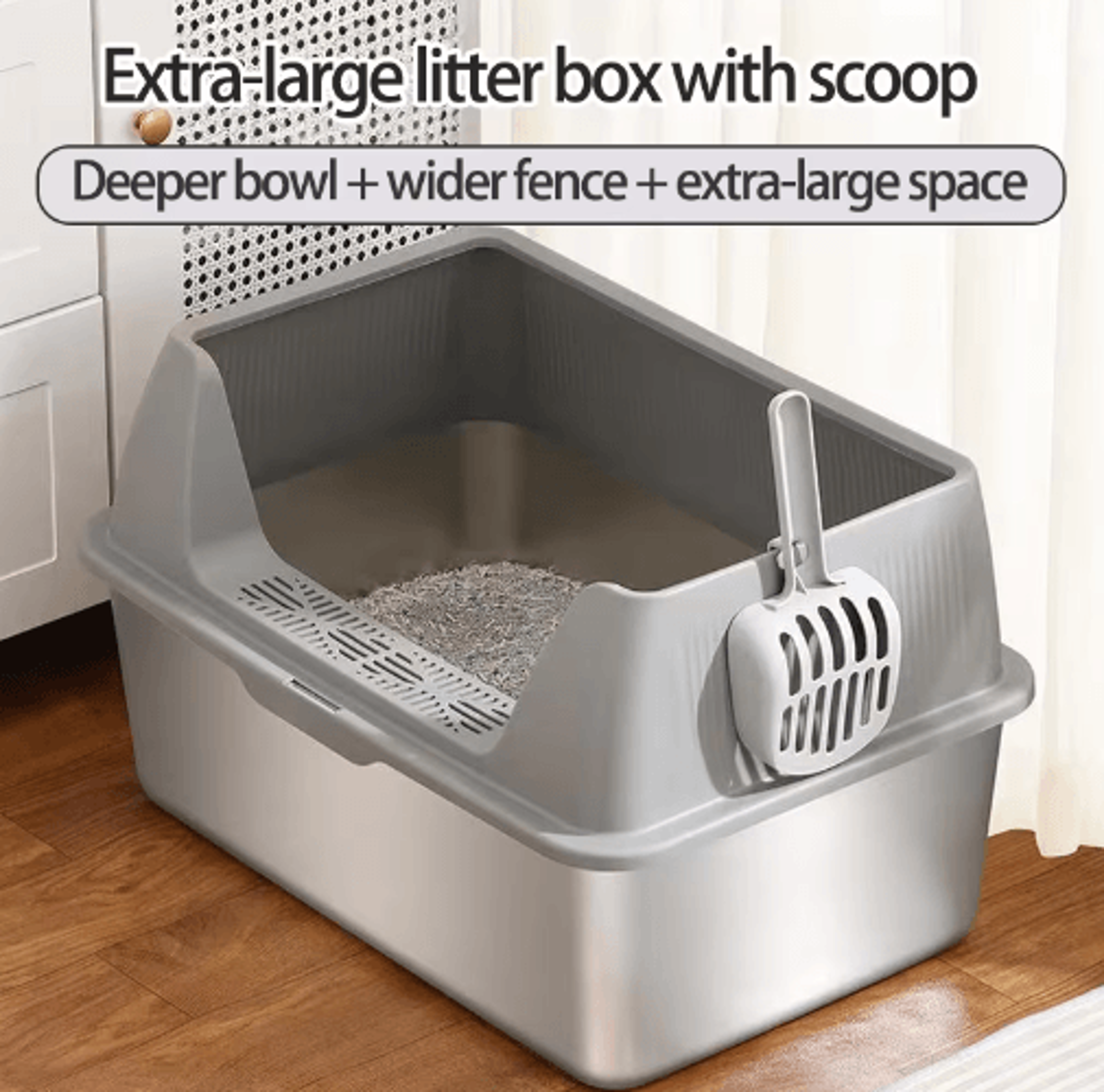 Stainless Steel HighSided Cat Litter Box With Lid  Scoop  LeakProof Large Cat Toilet 6