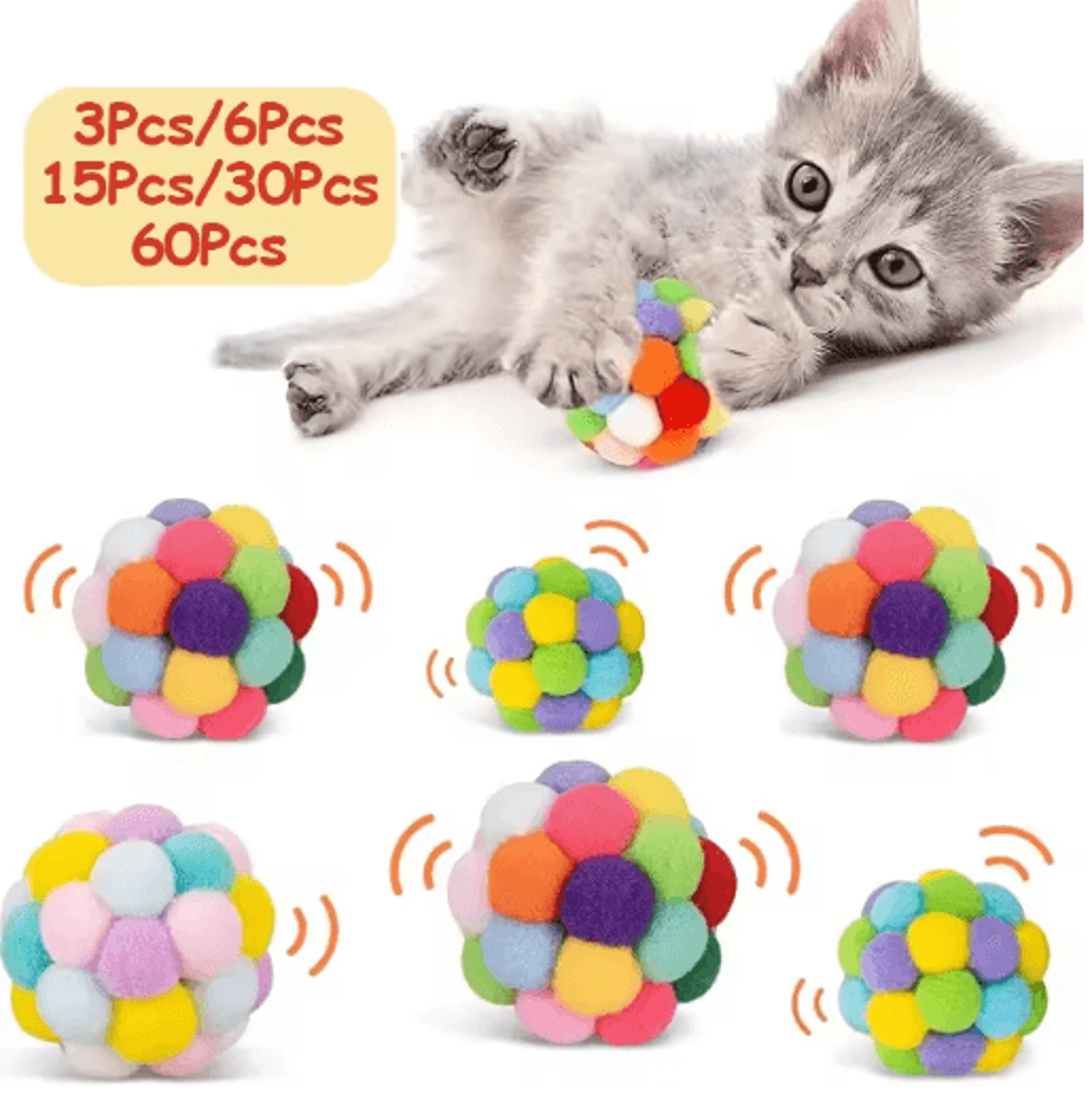 colorful cat pom pom ball set – cat toy balls with bells & sparkly tinsel for interactive play