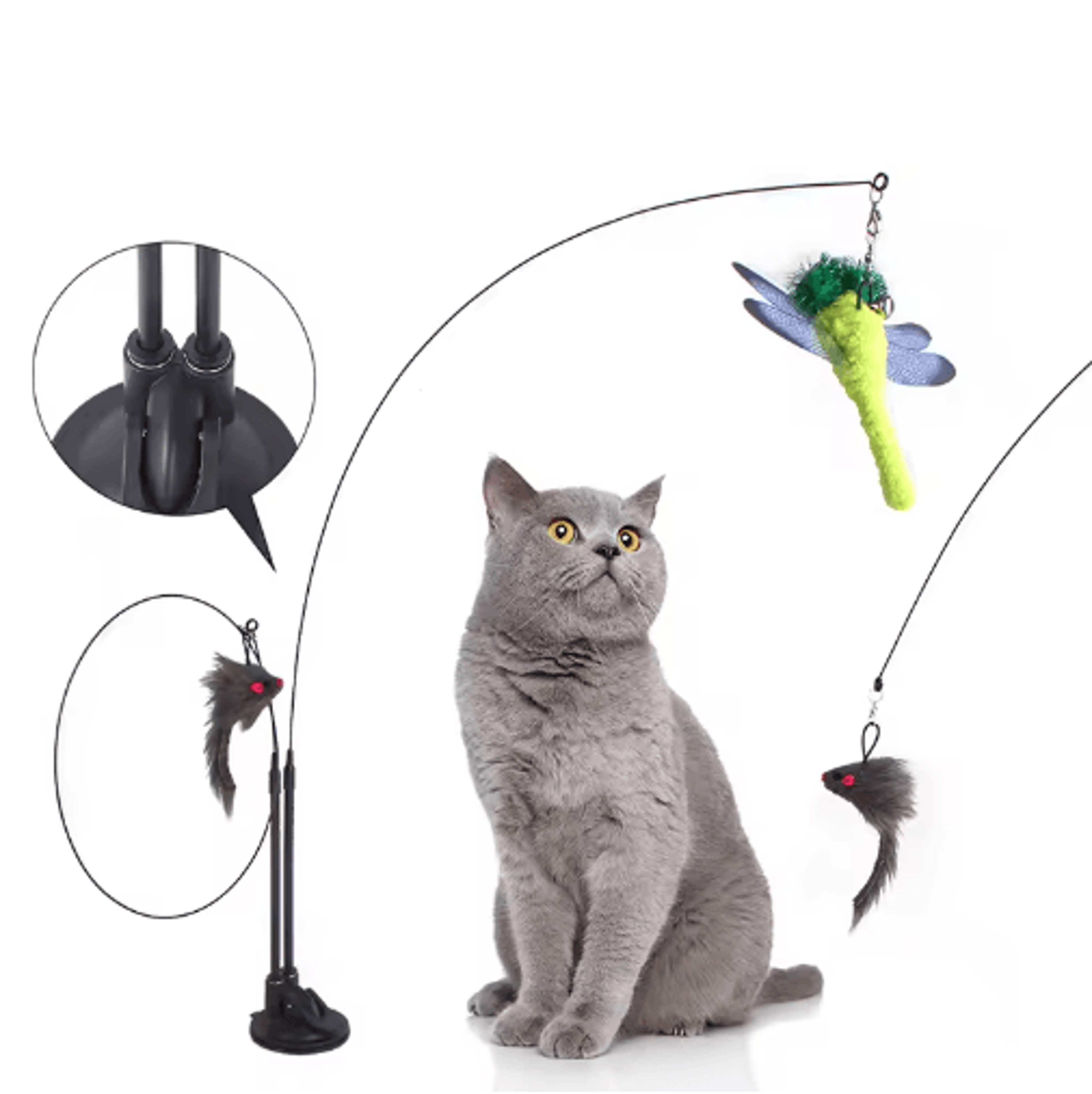feather fly suction cup bird teaser wand toy for cats