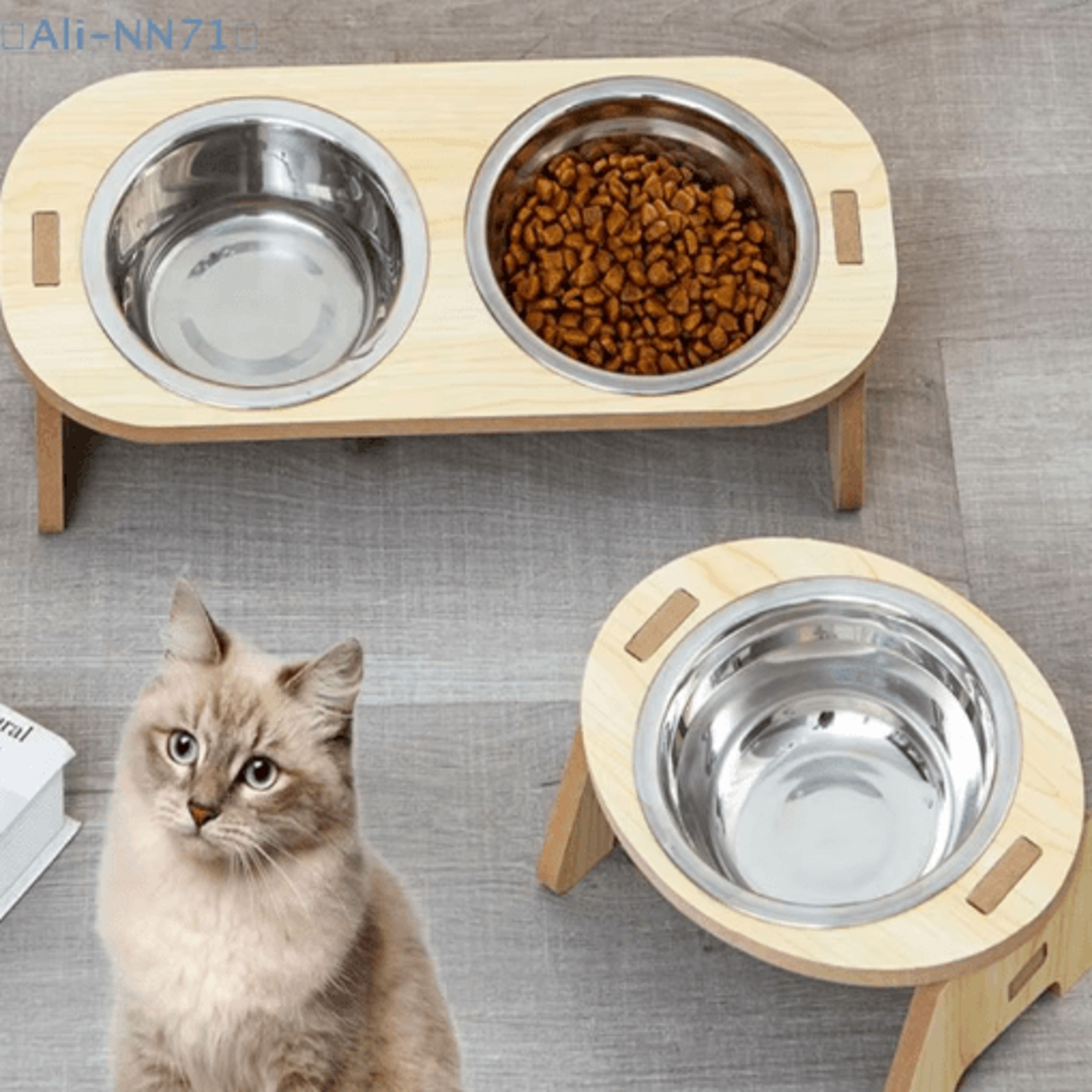 elevated stainless steel pet feeding bowl set with wooden stand