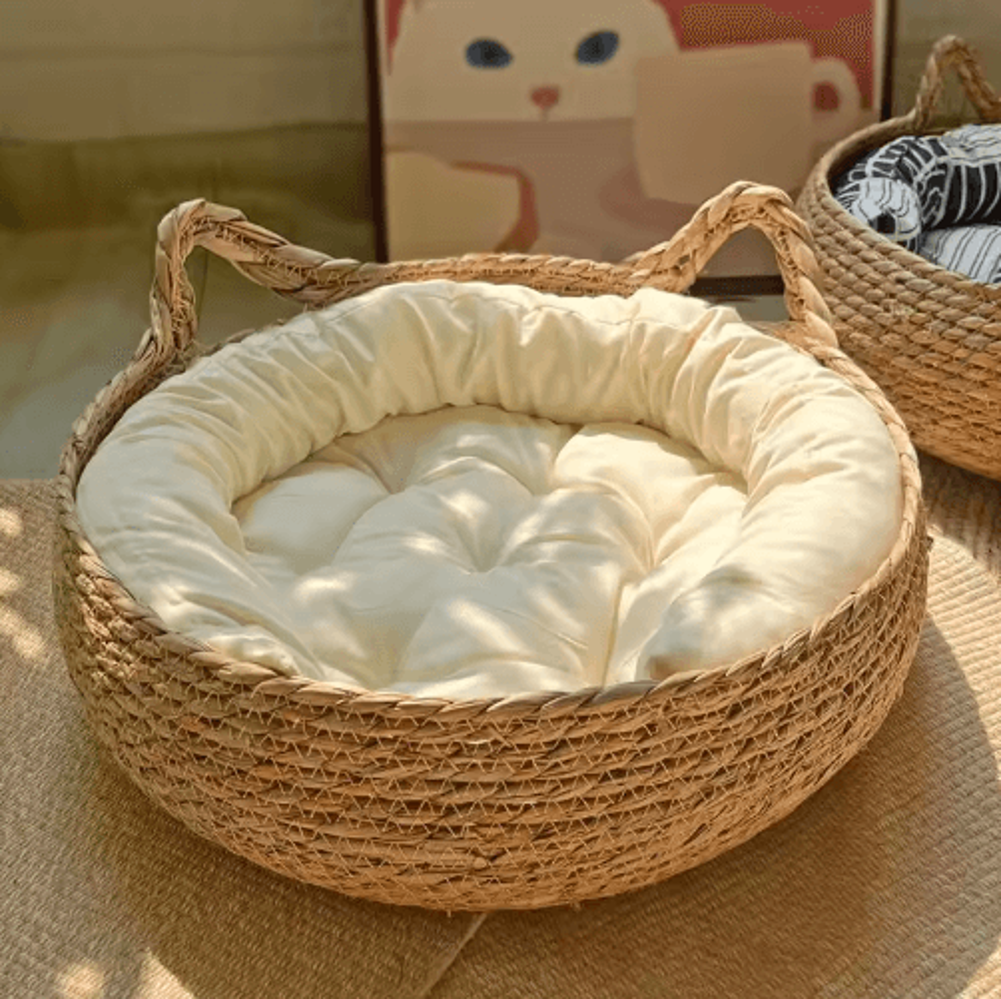 ouzey handwoven rattan cat bed – cozy round pet basket with soft cushion