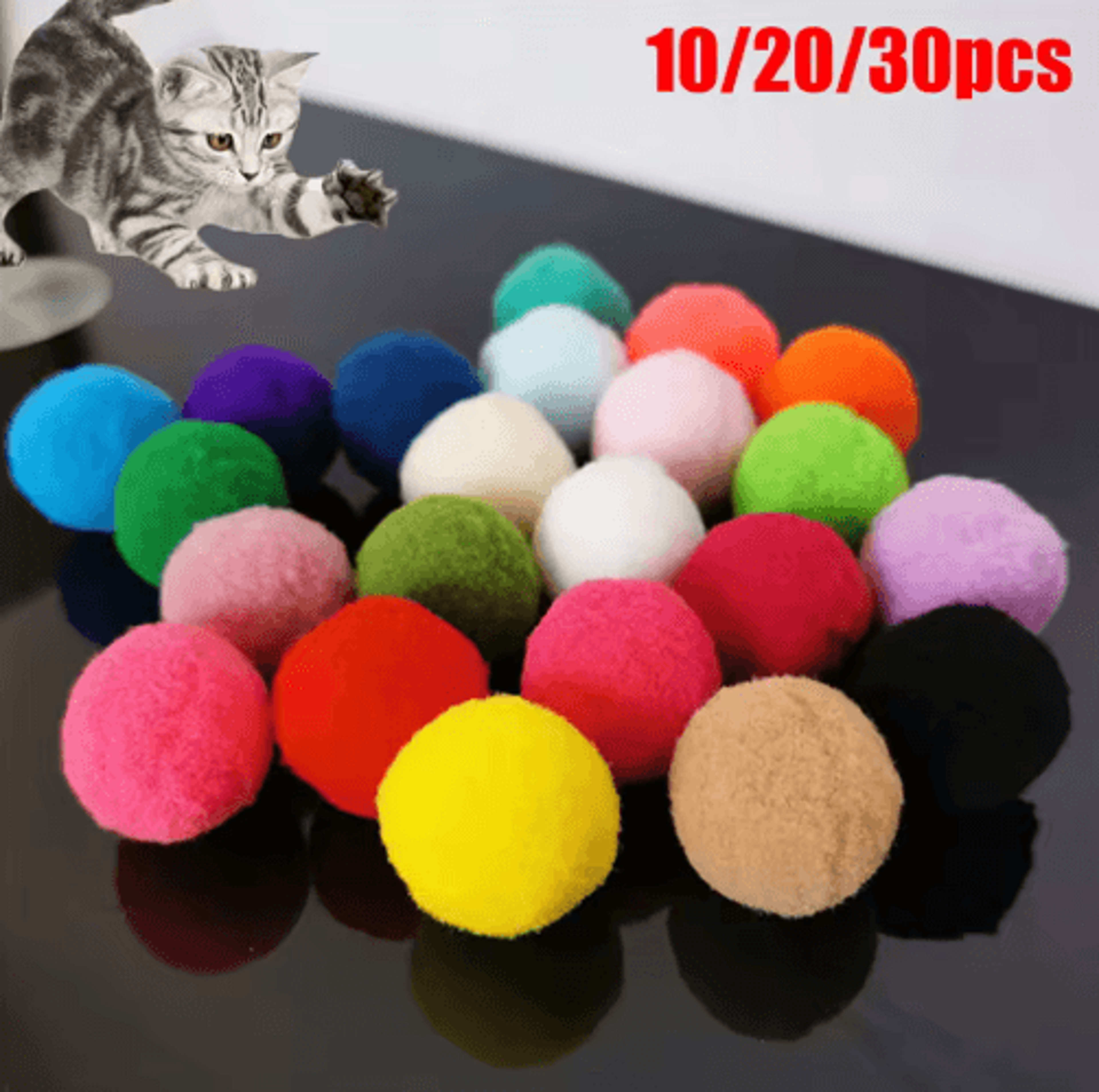 10/20/30pcs mini pompom cat toy set – colorful plush balls for active kittens and cats
