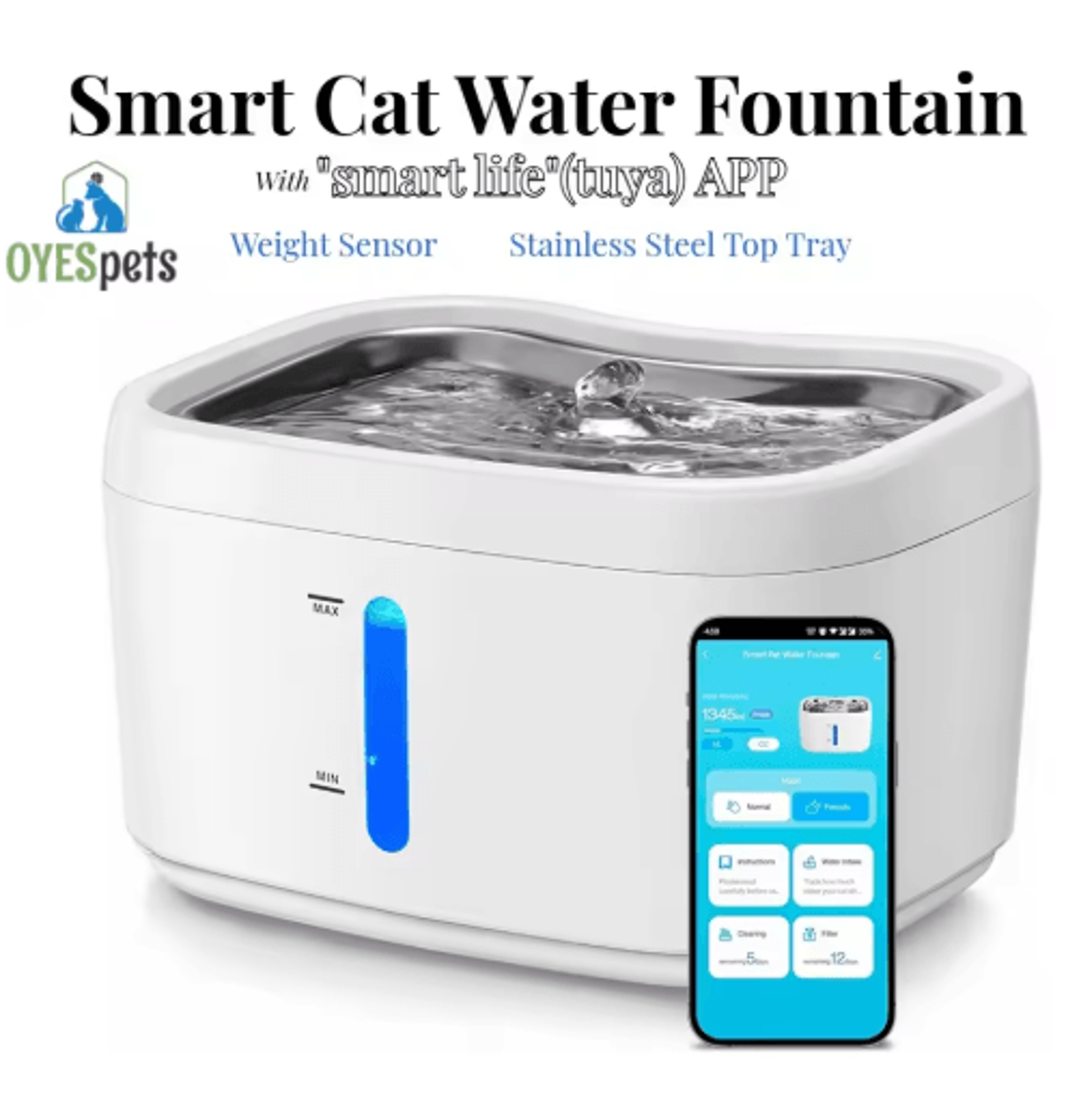 aquasense smart cat water fountain app-controlled 2.5l wireless pet water dispenser with stainless steel tray