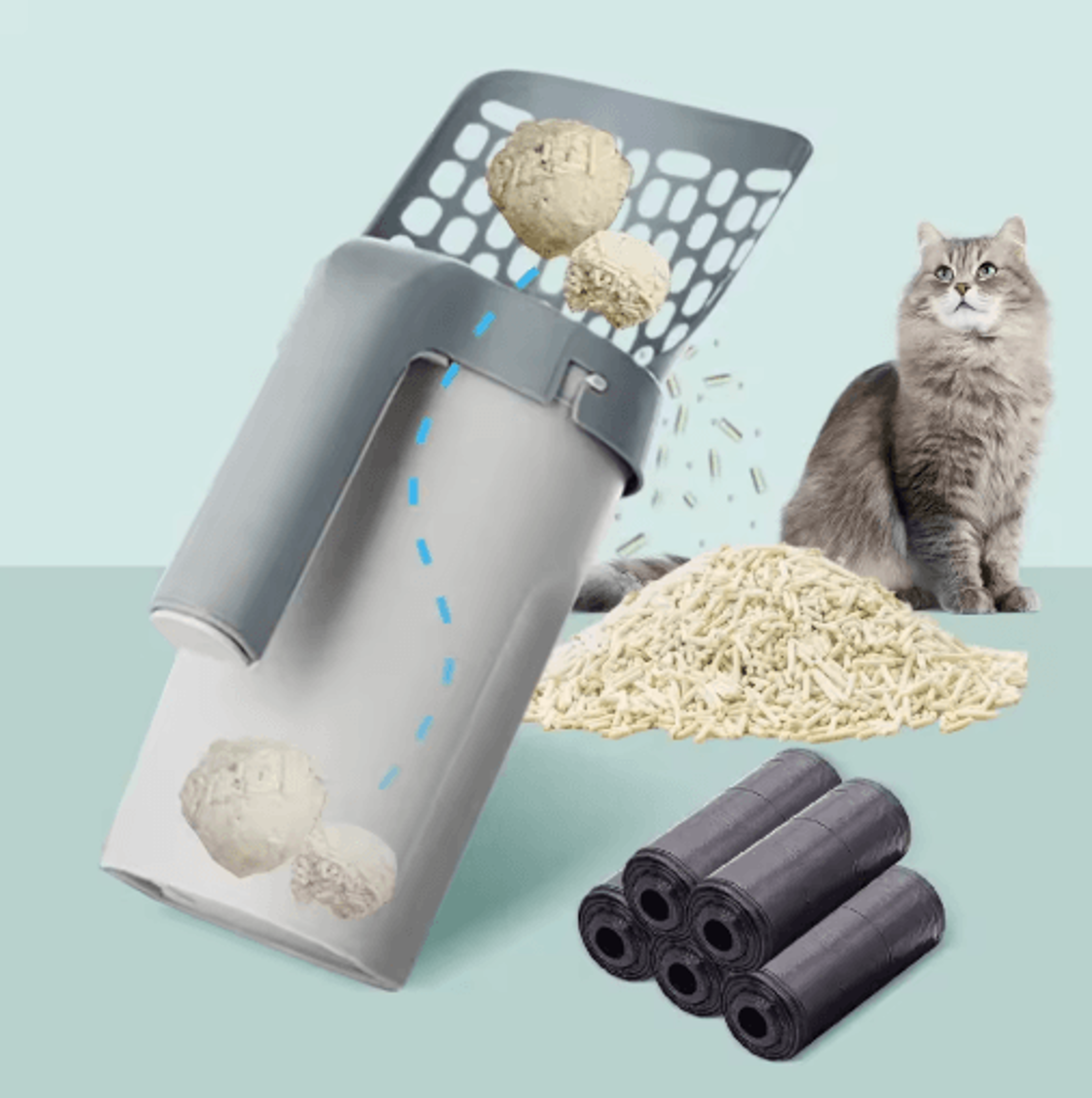 clean pouch cat litter scoop set self-cleaning litter shovel with waste bag dispense