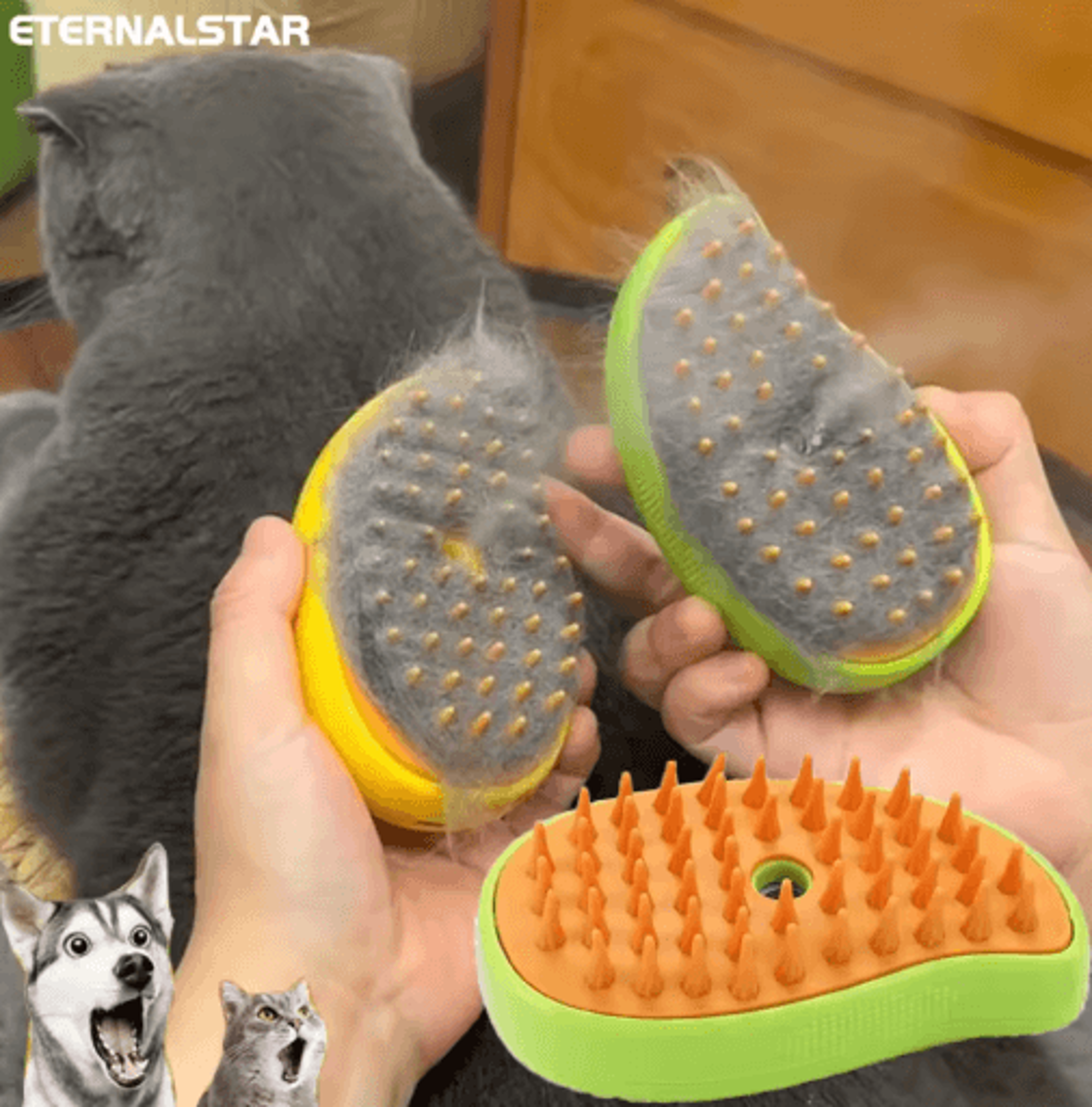 steammist 3-in-1 pet grooming brush for cats & dogs