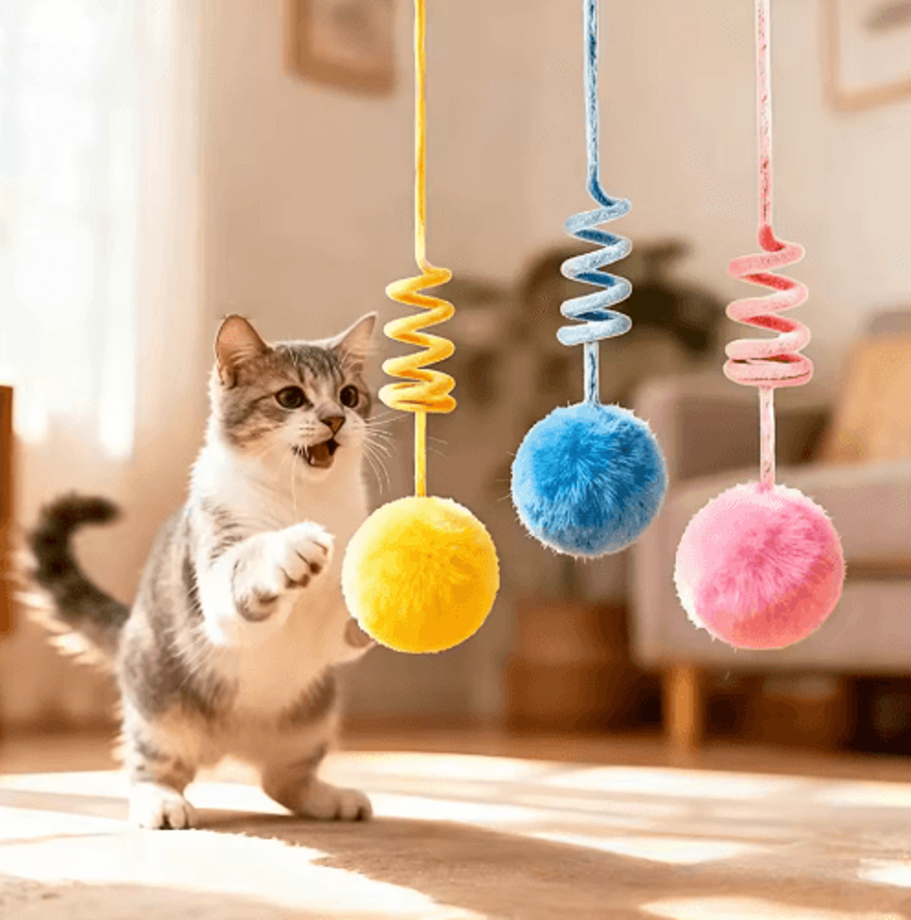 BouncePaw Suction Cup Cat Teaser  WallMount Spring Toy With Bunny Fur Ball For Independent Play 0