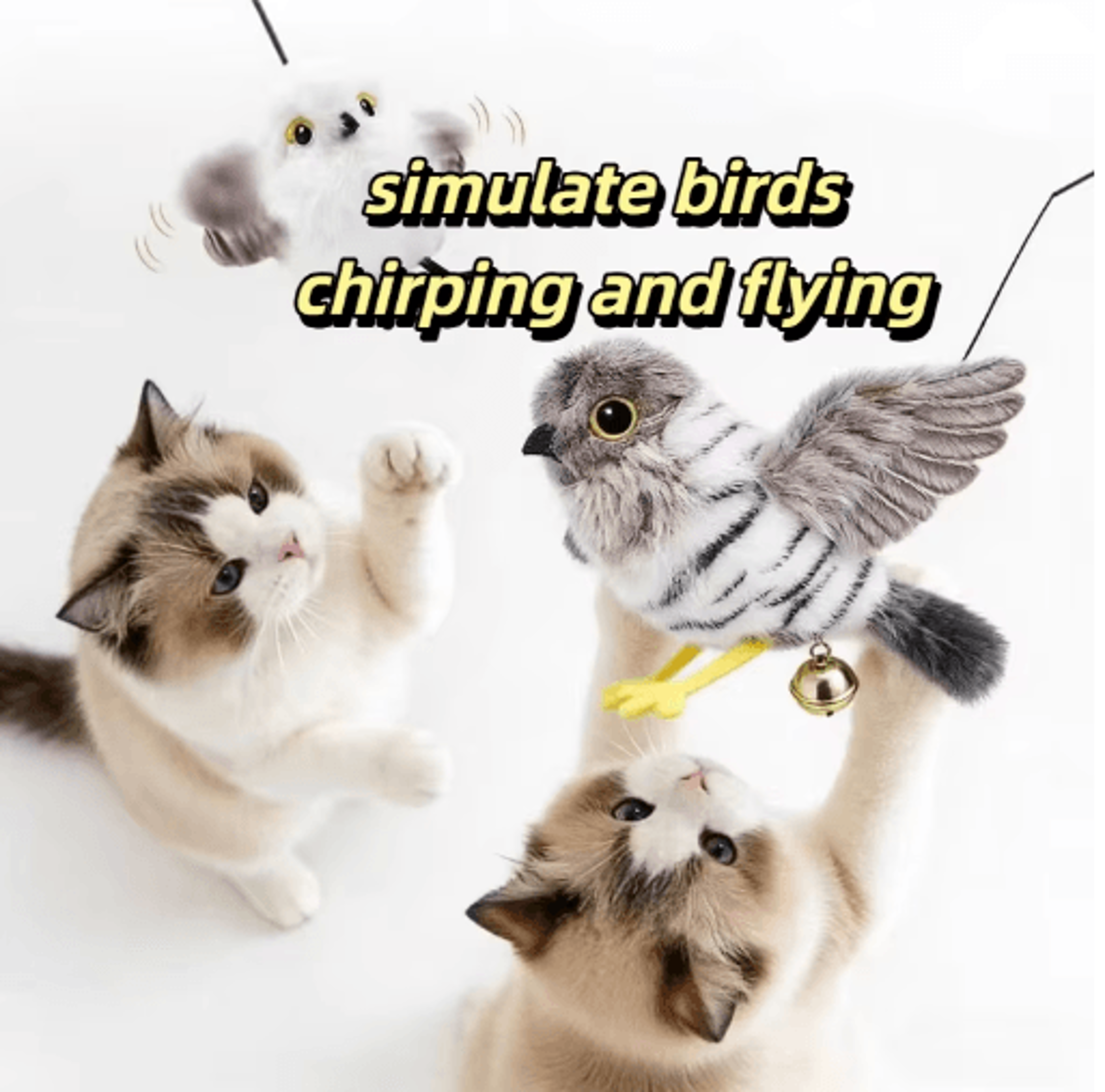 usb rechargeable flying bird cat toy with chirping sound and touch activation