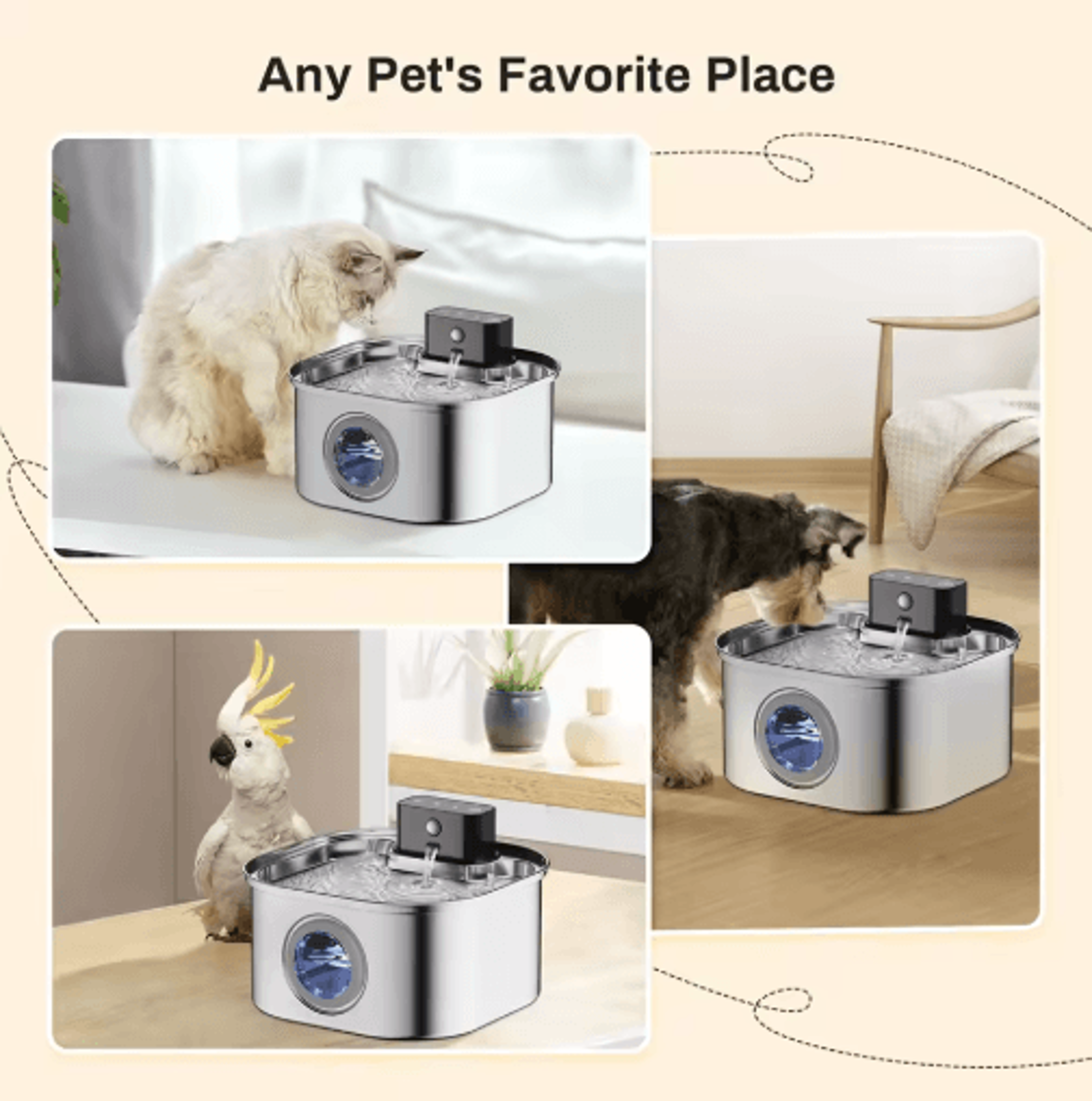 wireless stainless steel cat water fountain with motion sensor & rechargeable battery