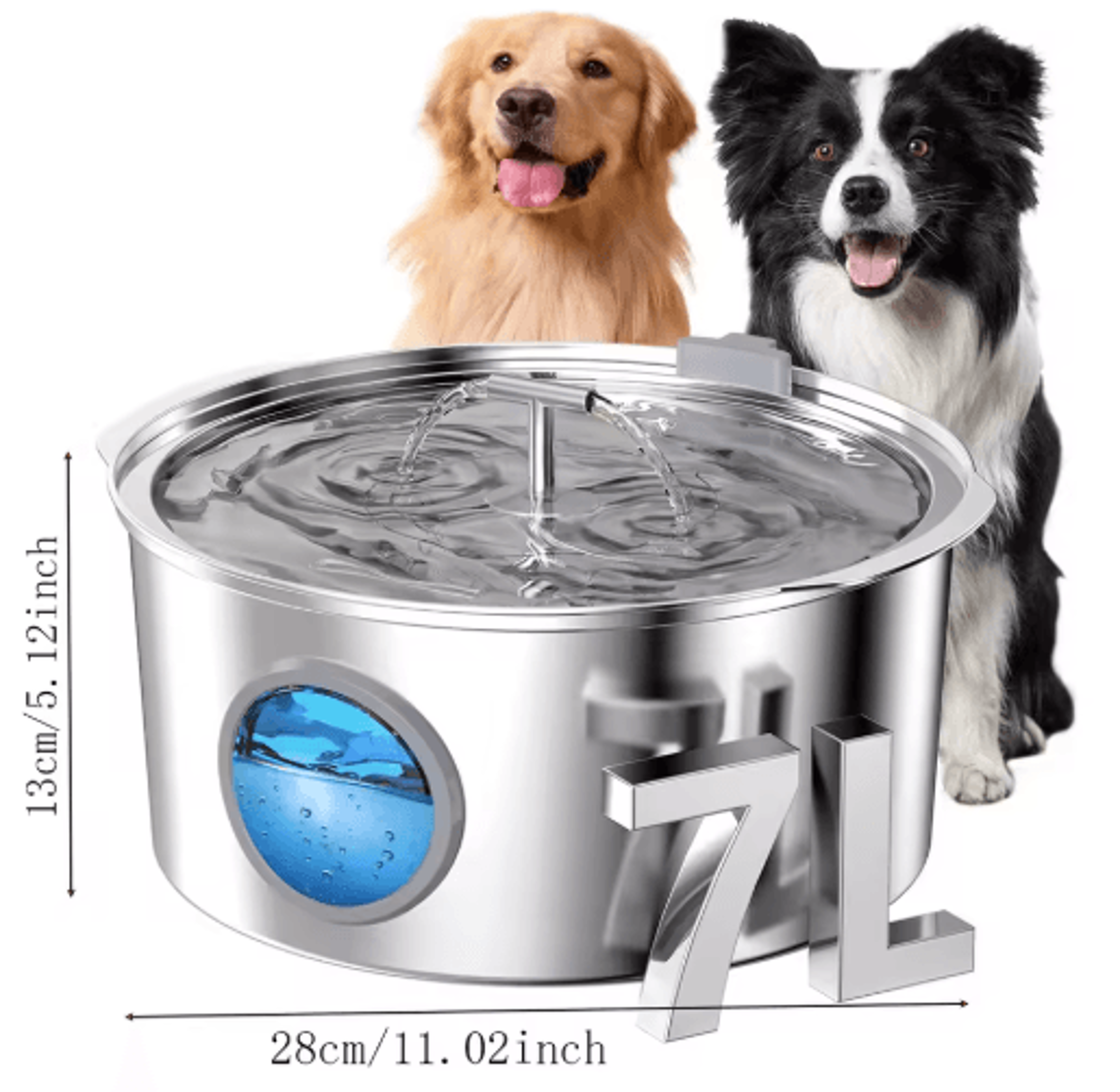 7l stainless steel pet water fountain with silent pump & water level window
