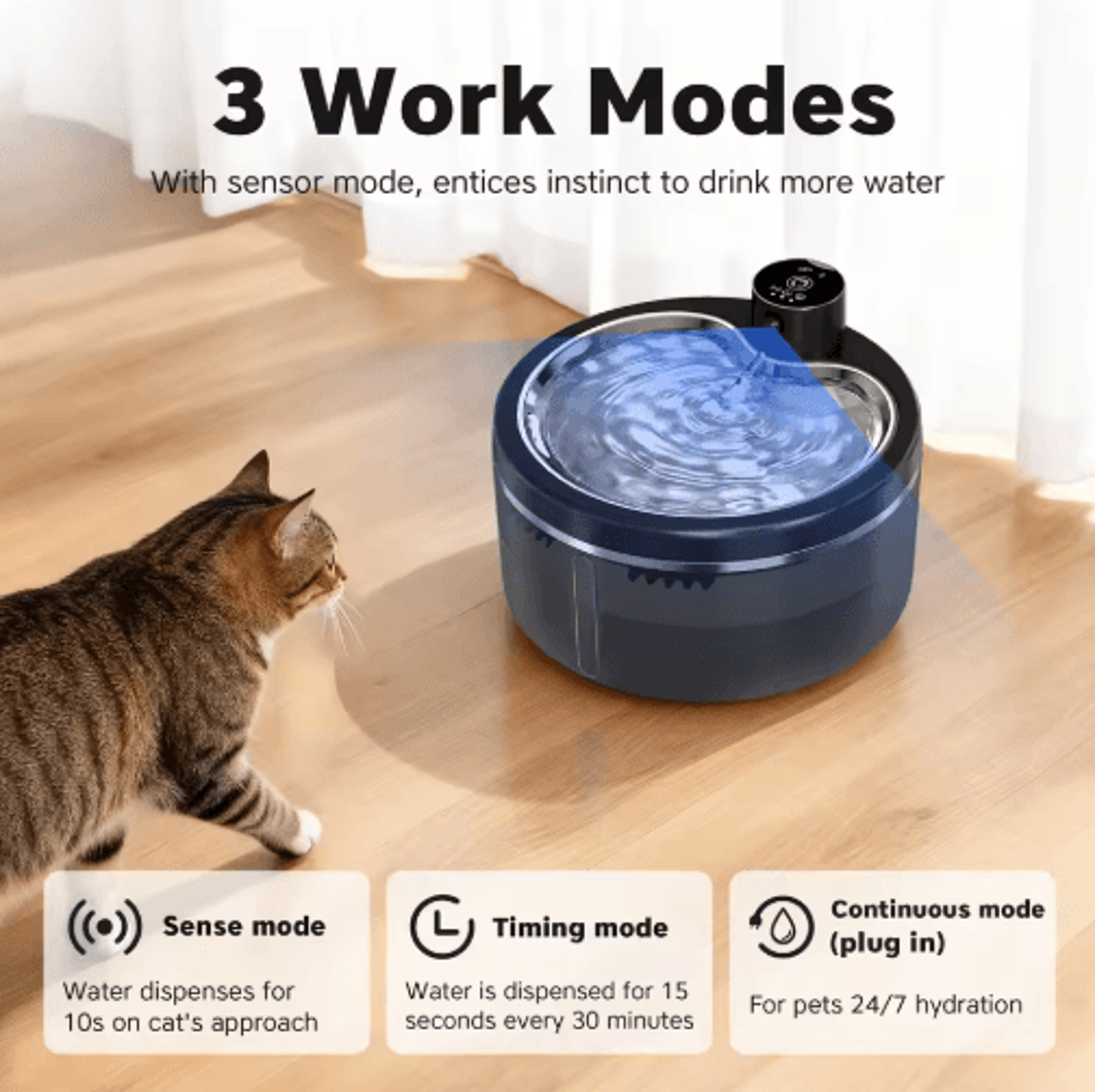 3L Wireless Cat Water Fountain  Smart Sensor Pet Water Dispenser With Stainless Steel Tray 0